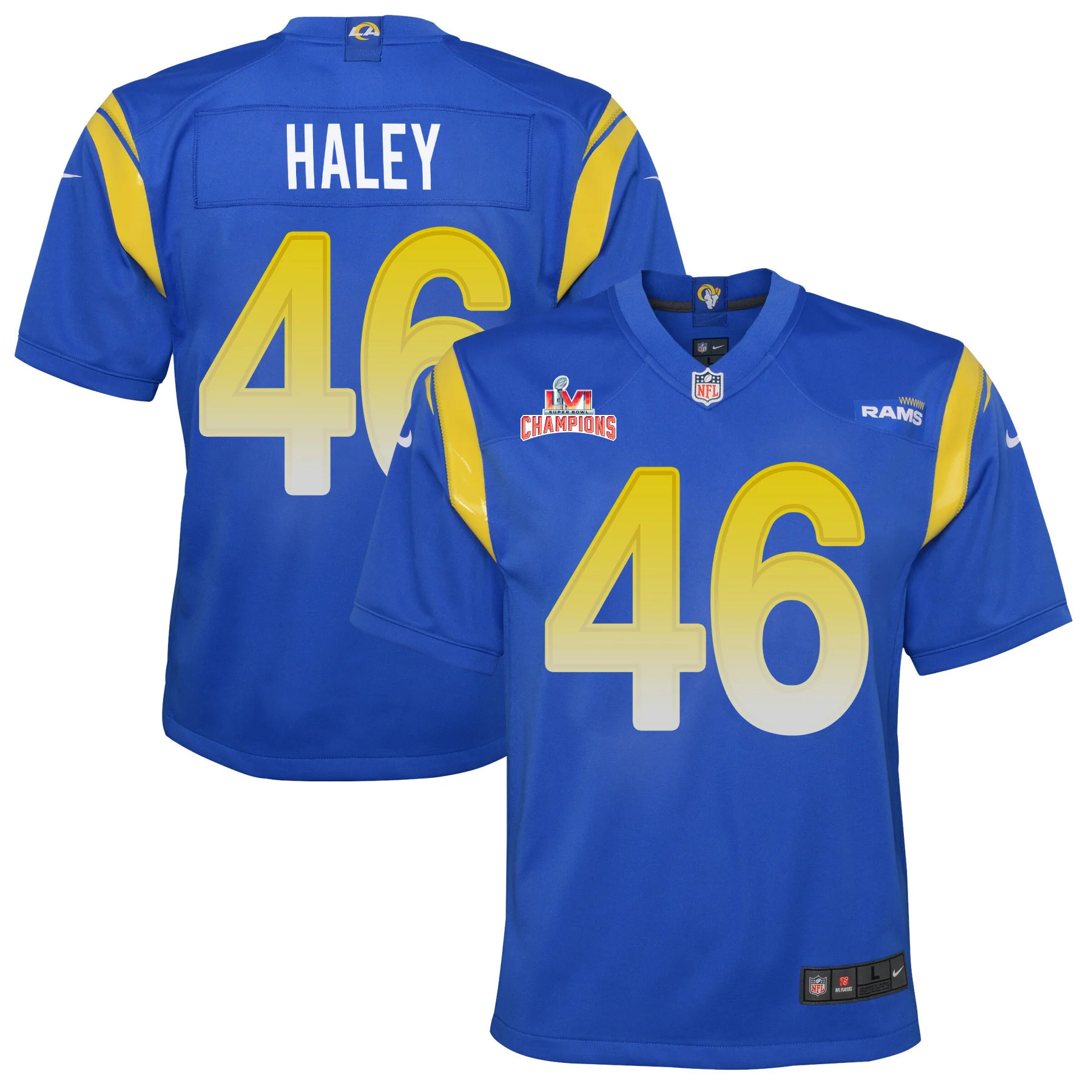 Super Bowl LVI Champions Los Angeles Rams Grant Haley 46 Royal Youth's Jersey Jersey
