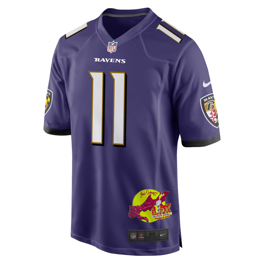 Jordan Stout 11 Baltimore Ravens Super Bowl LIX New Orleans Patch Game Men Jersey - Purple