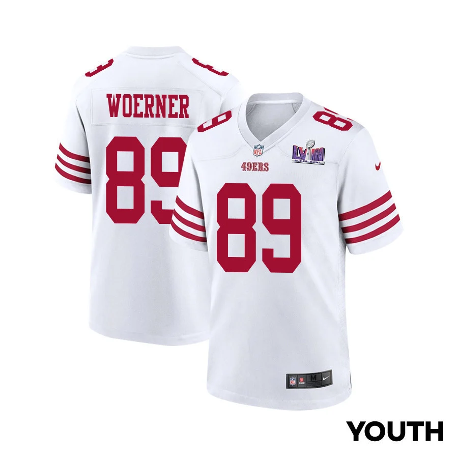Charlie Woerner 89 San Francisco 49ers Super Bowl LVIII Patch Game YOUTH Jersey - White