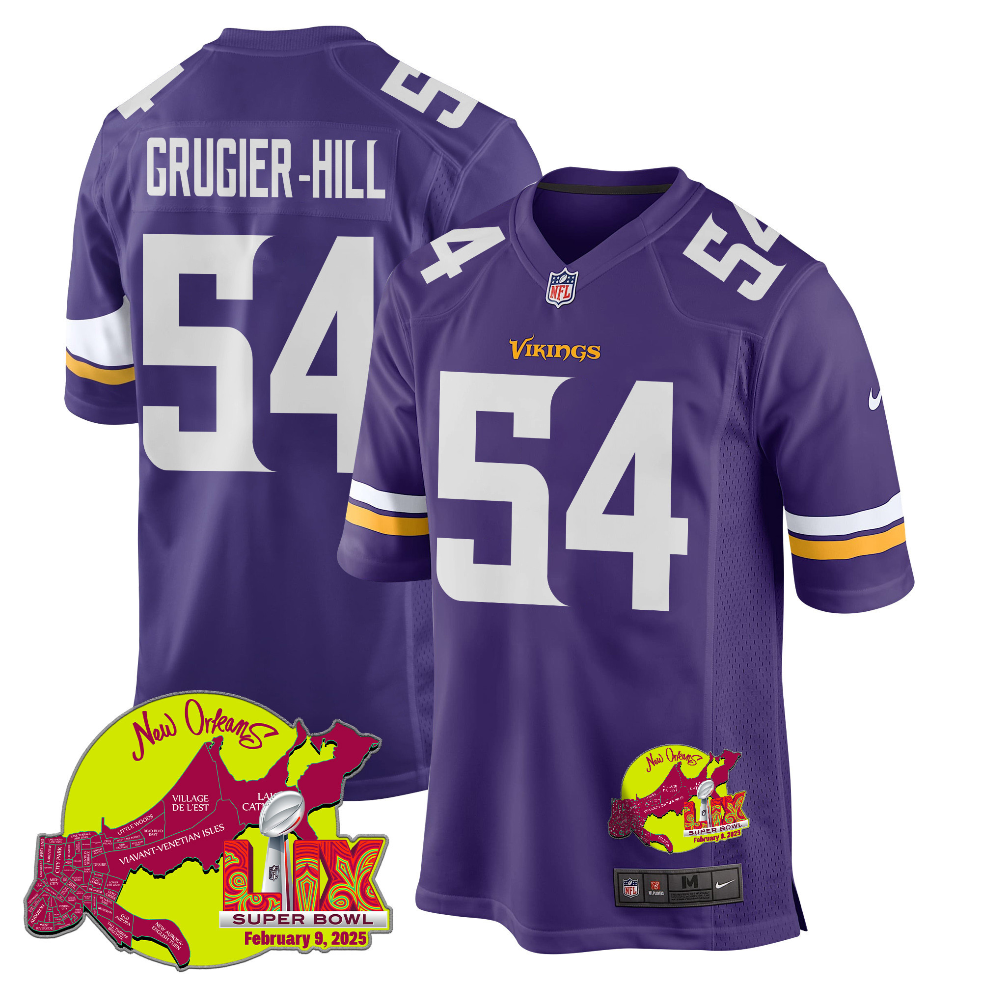 Kamu Grugier-Hill 54 Minnesota Vikings Super Bowl LIX New Orleans Patch Game Men Jersey - Purple