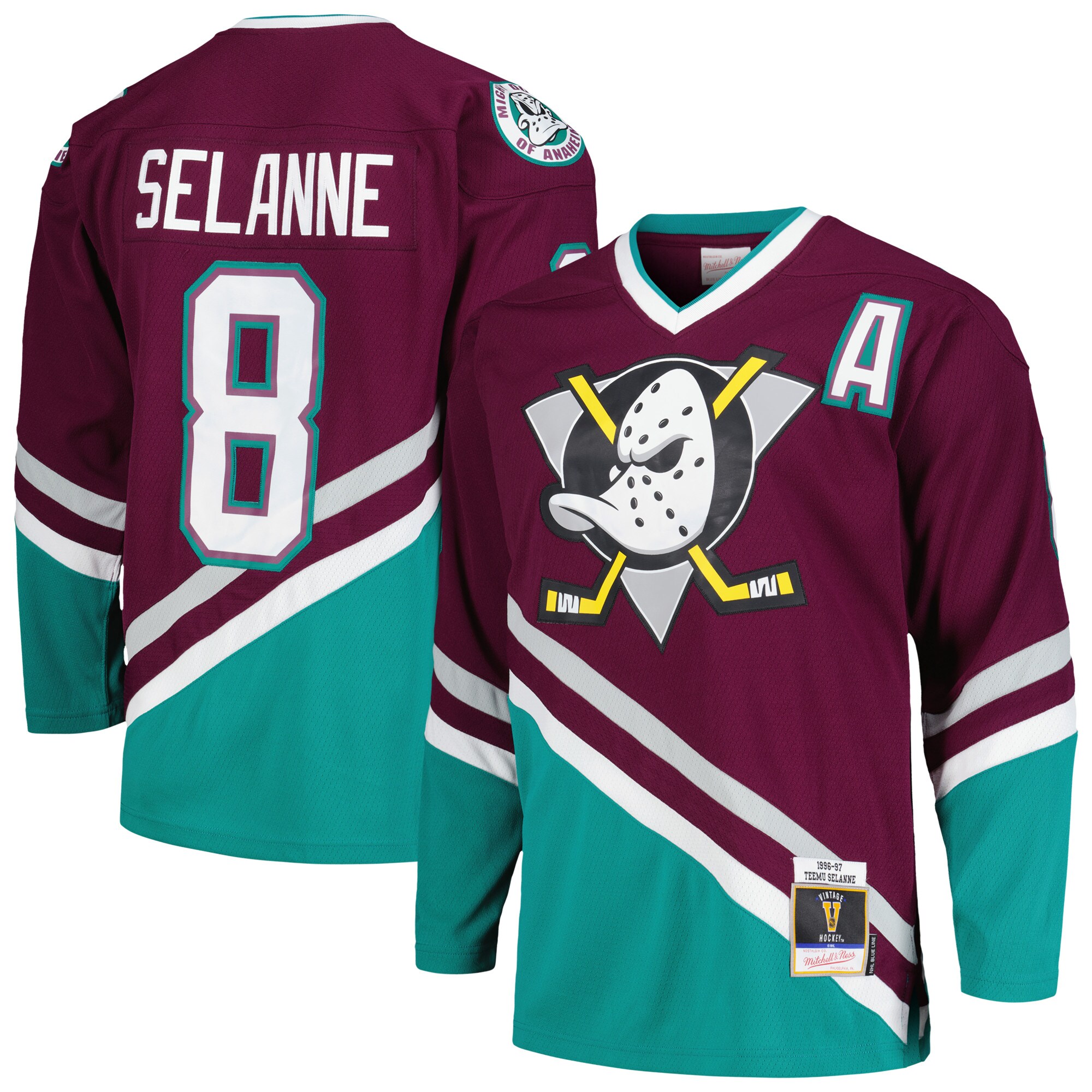Teemu Selanne Anaheim Ducks Mitchell & Ness 1996\/97 Alternate Captain Patch Blue Line Player Jersey - Purple