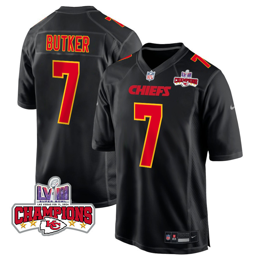 Harrison Butker 7 Kansas City Chiefs Super Bowl LVIII Champions 4 Stars Patch Fashion Game Men Jersey - Carbon Black