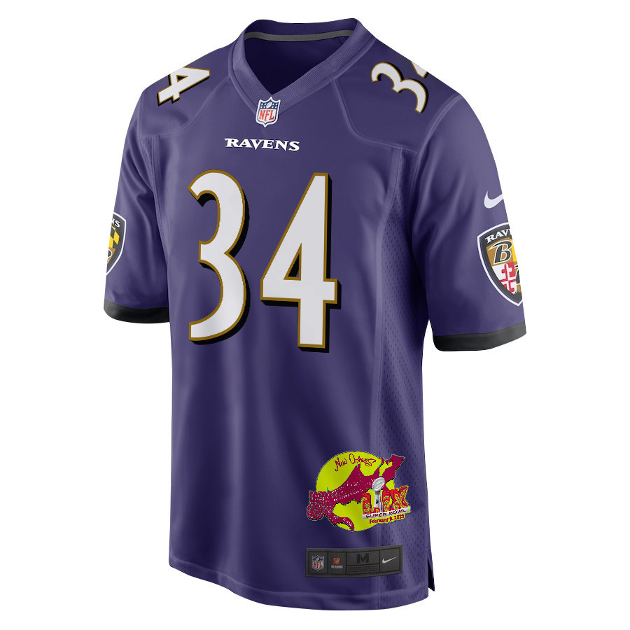 Keaton Mitchell 34 Baltimore Ravens Super Bowl LIX New Orleans Patch Game Men Jersey - Purple