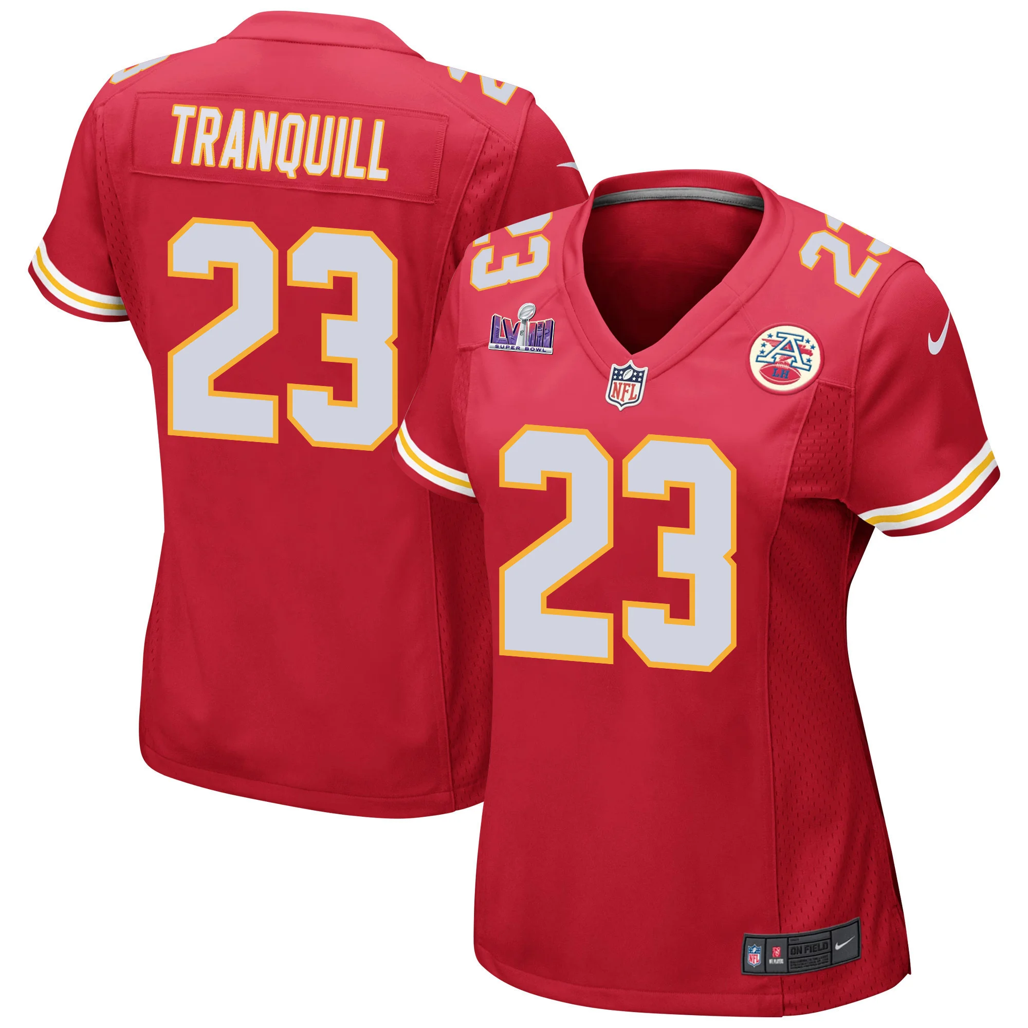 Drue Tranquill 23 Kansas City Chiefs Super Bowl LVIII Patch Game Women Jersey - Red