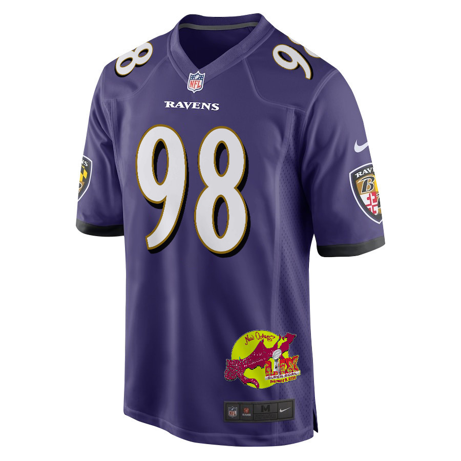 Travis Jones 98 Baltimore Ravens Super Bowl LIX New Orleans Patch Game Men Jersey - Purple