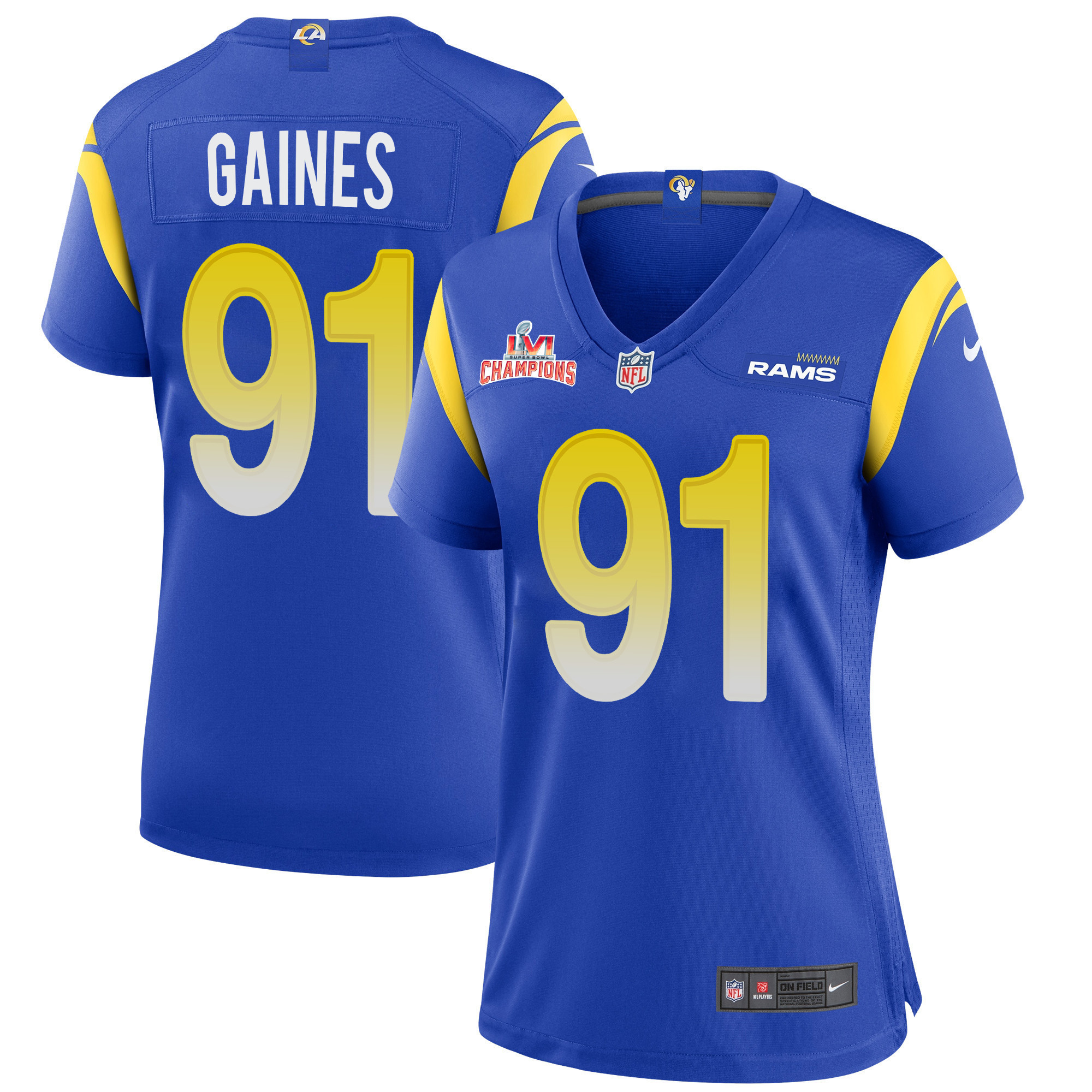 Super Bowl LVI Champions Los Angeles Rams Greg Gaines 91 Royal Women's Jersey Jersey