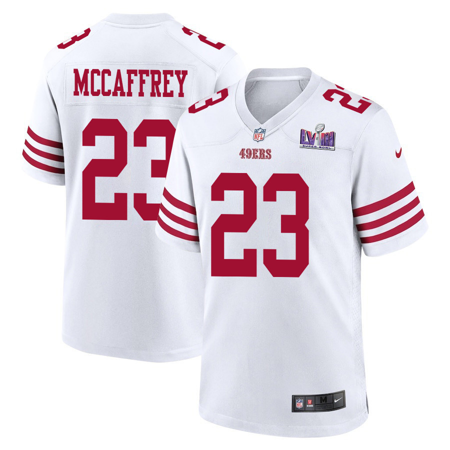 Christian McCaffrey 23 San Francisco 49ers Super Bowl LVIII Patch Game Men Jersey - White