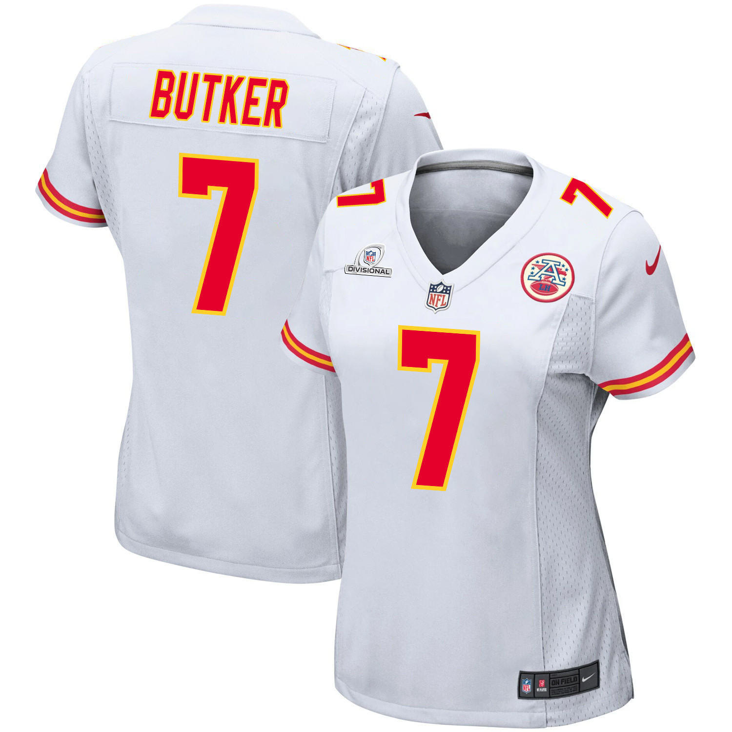 Harrison Butker 7 Kansas City Chiefs Super Bowl LVIII Patch Game Women Jersey - White