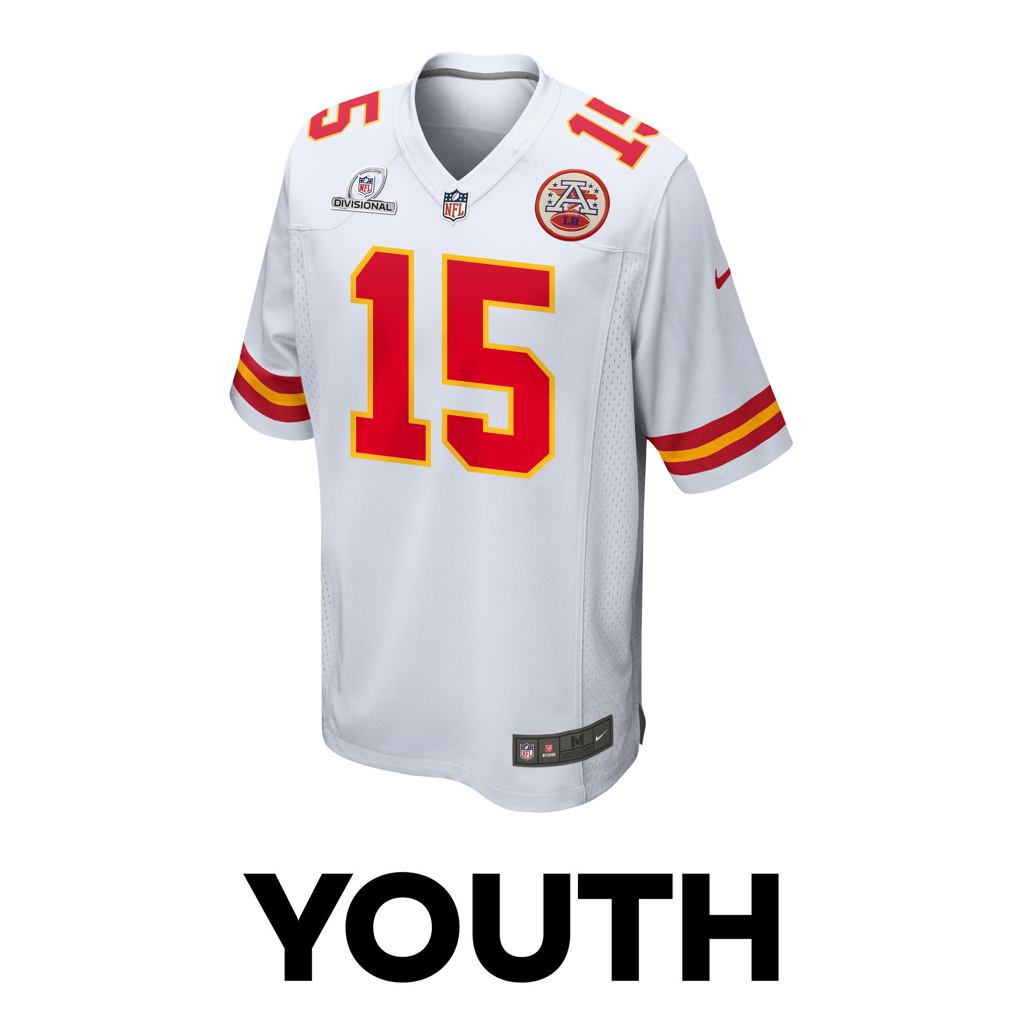 Patrick Mahomes 15 Kansas City Chiefs Super Bowl LVIII Patch Game YOUTH Jersey - White