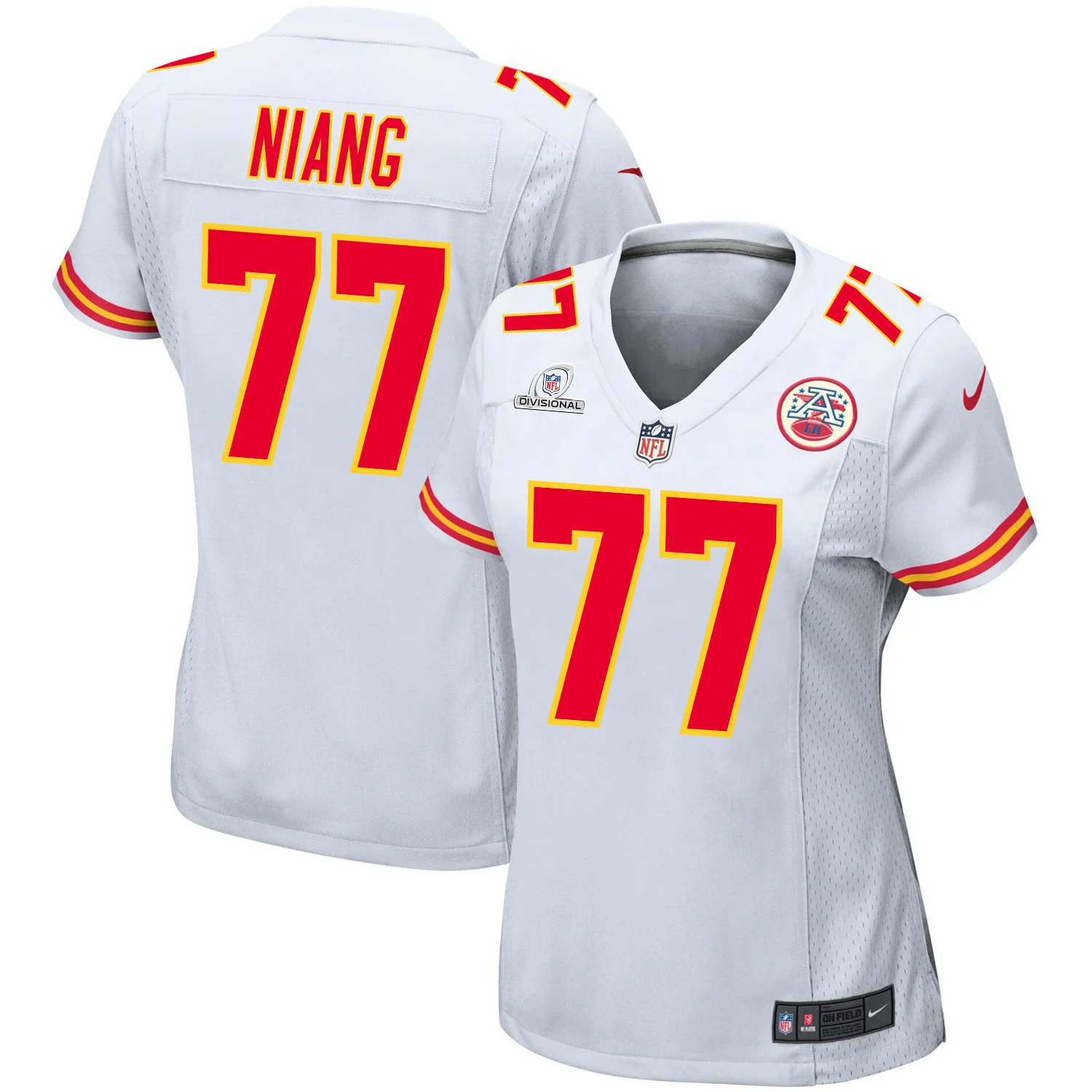 Lucas Niang 77 Kansas City Chiefs Super Bowl LVIII Patch Game Women Jersey - White