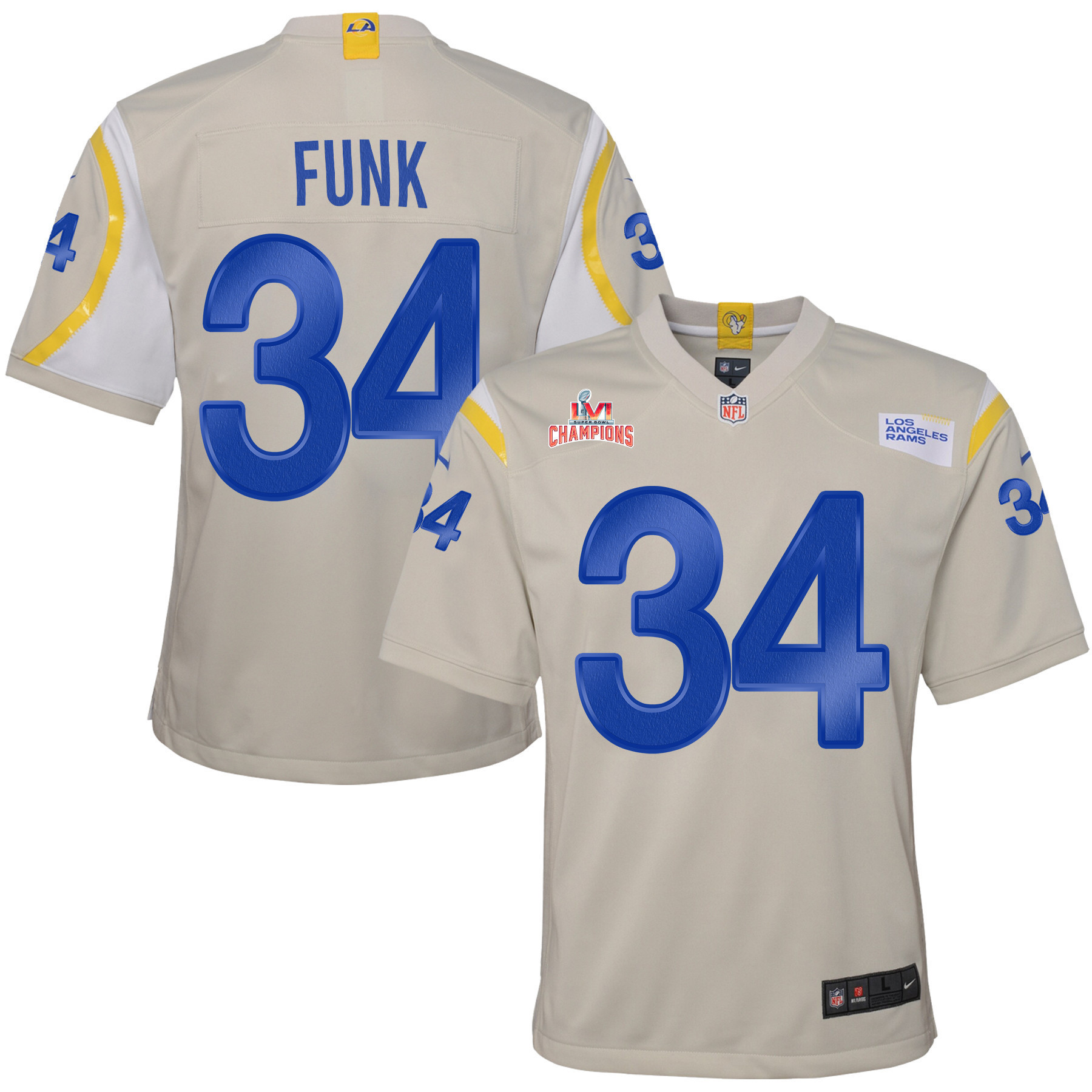 Super Bowl LVI Champions Los Angeles Rams Jake Funk 34 Bone Youth's Jersey Jersey