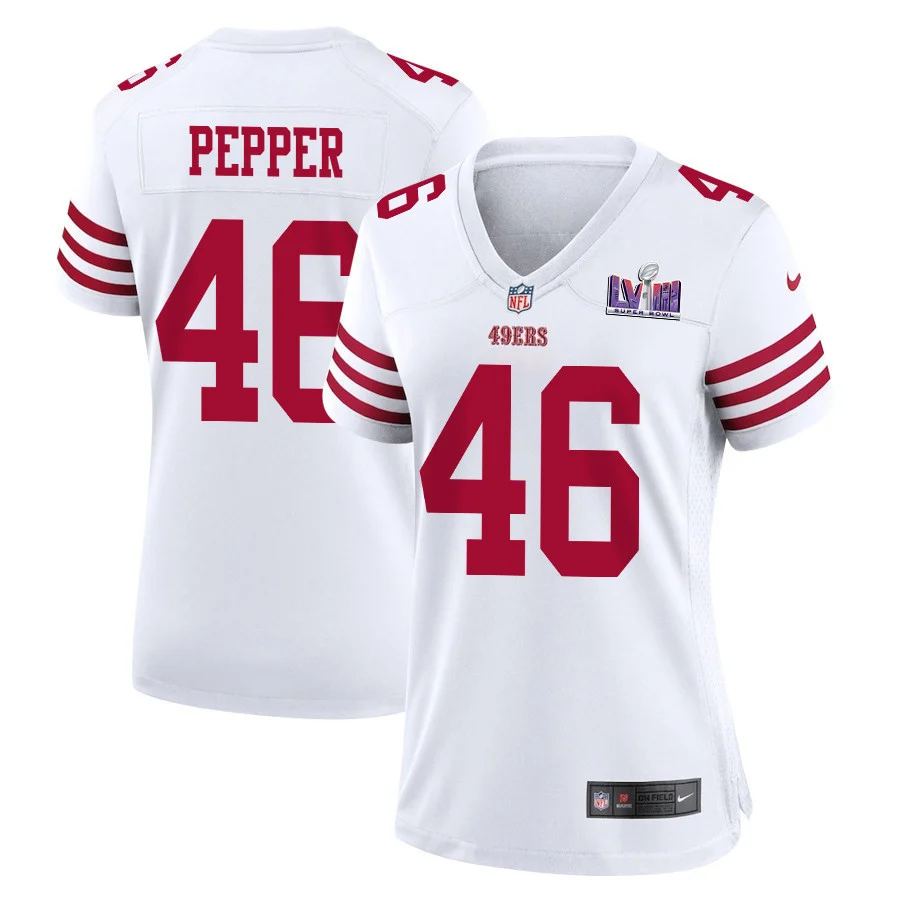 Taybor Pepper 46 San Francisco 49ers Super Bowl LVIII Patch Game Women Jersey - White
