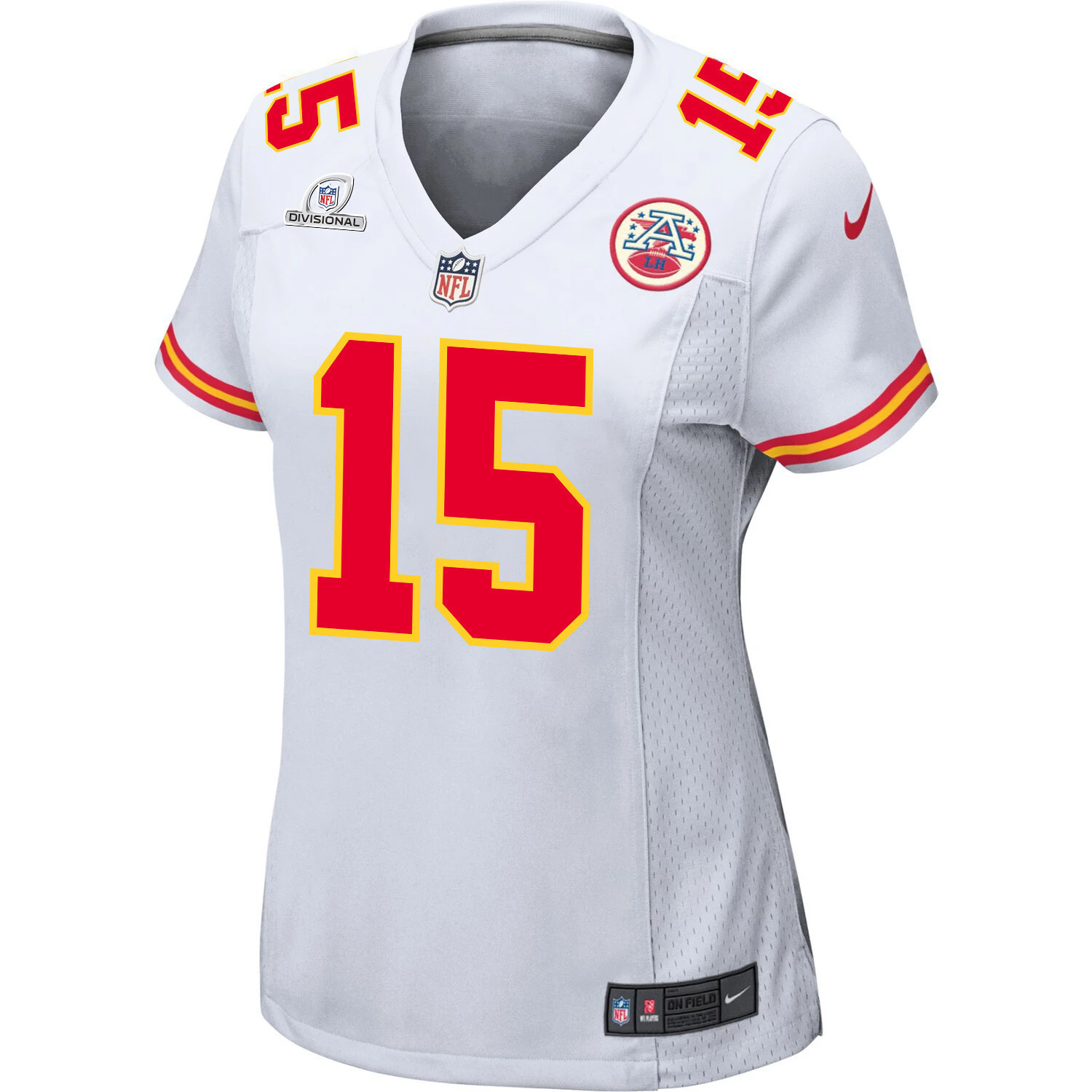 Patrick Mahomes 15 Kansas City Chiefs Super Bowl LVIII Patch Game Women Jersey - White