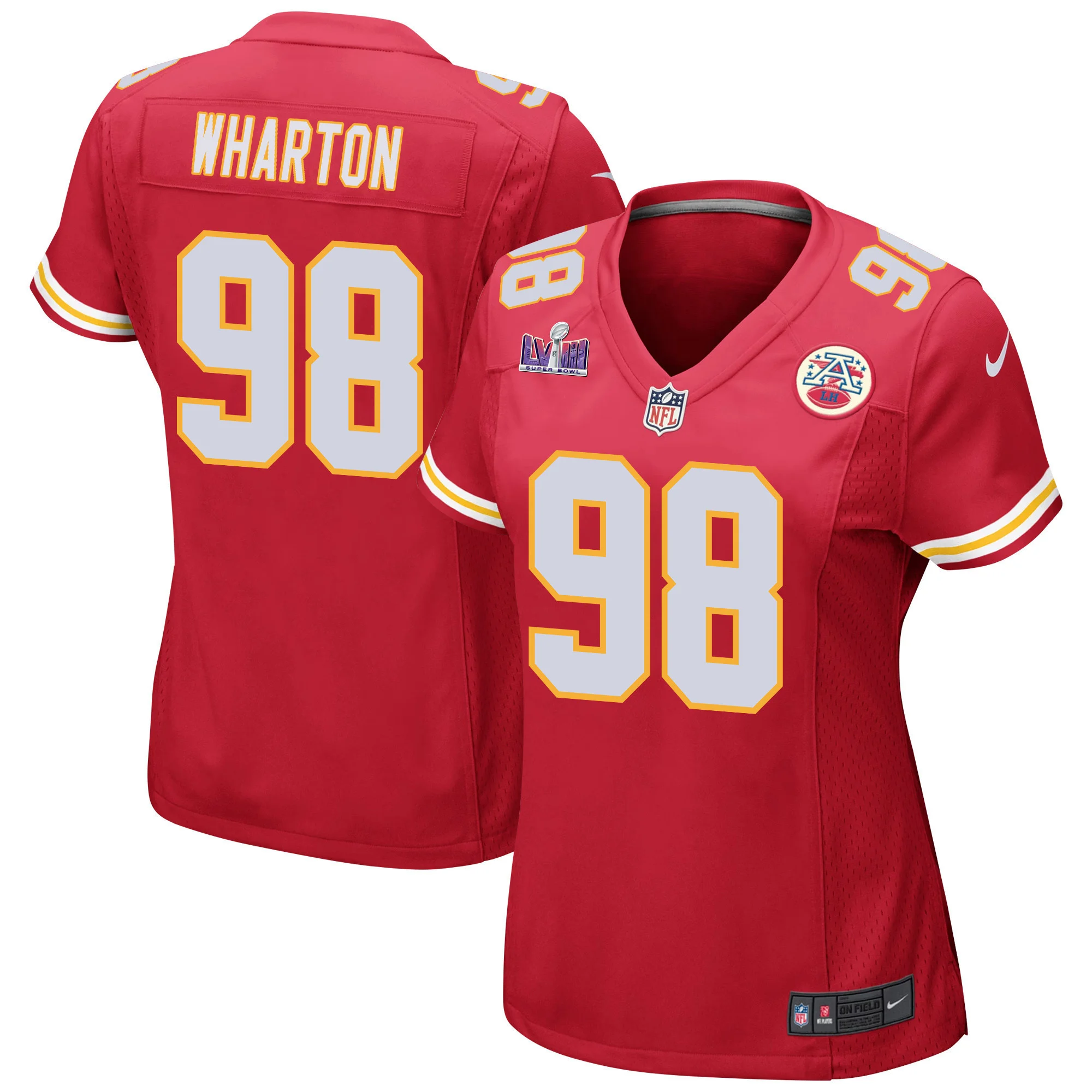 Tershawn Wharton 98 Kansas City Chiefs Super Bowl LVIII Patch Game Women Jersey - Red