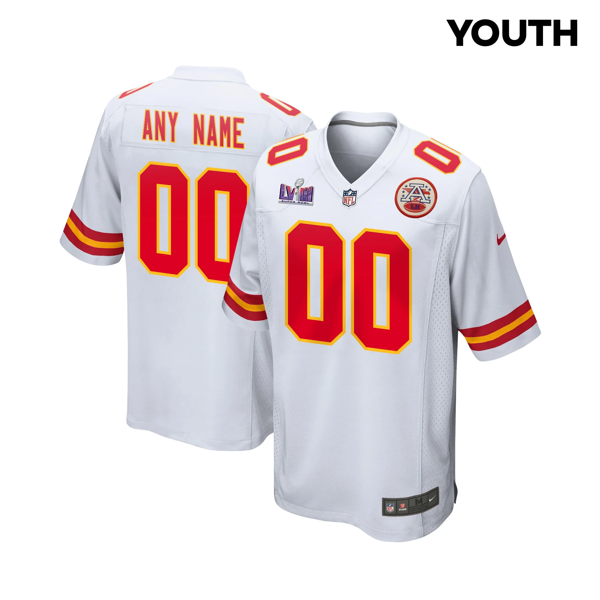Kansas City Chiefs Super Bowl LVIII Patch Game YOUTH Custom Jersey - White