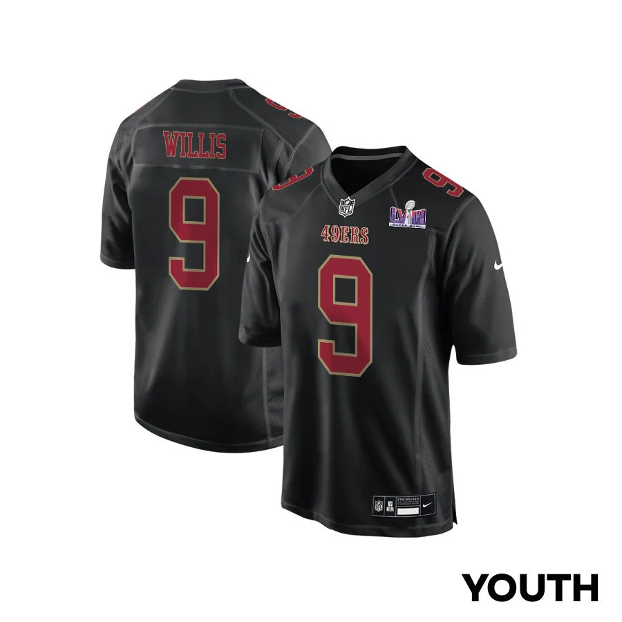 Brayden Willis 9 San Francisco 49ers Super Bowl LVIII Patch Fashion Game YOUTH Jersey - Carbon Black