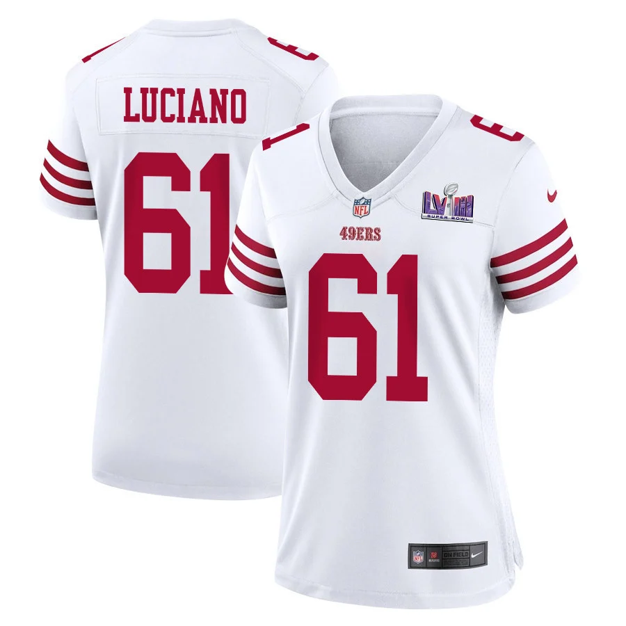 Corey Luciano 61 San Francisco 49ers Super Bowl LVIII Patch Game Women Jersey - White