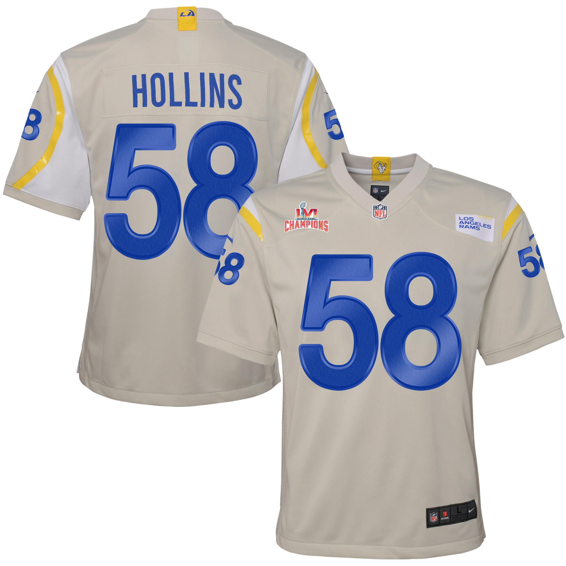 Super Bowl LVI Champions Los Angeles Rams Justin Hollins 58 Bone Youth's Jersey Jersey