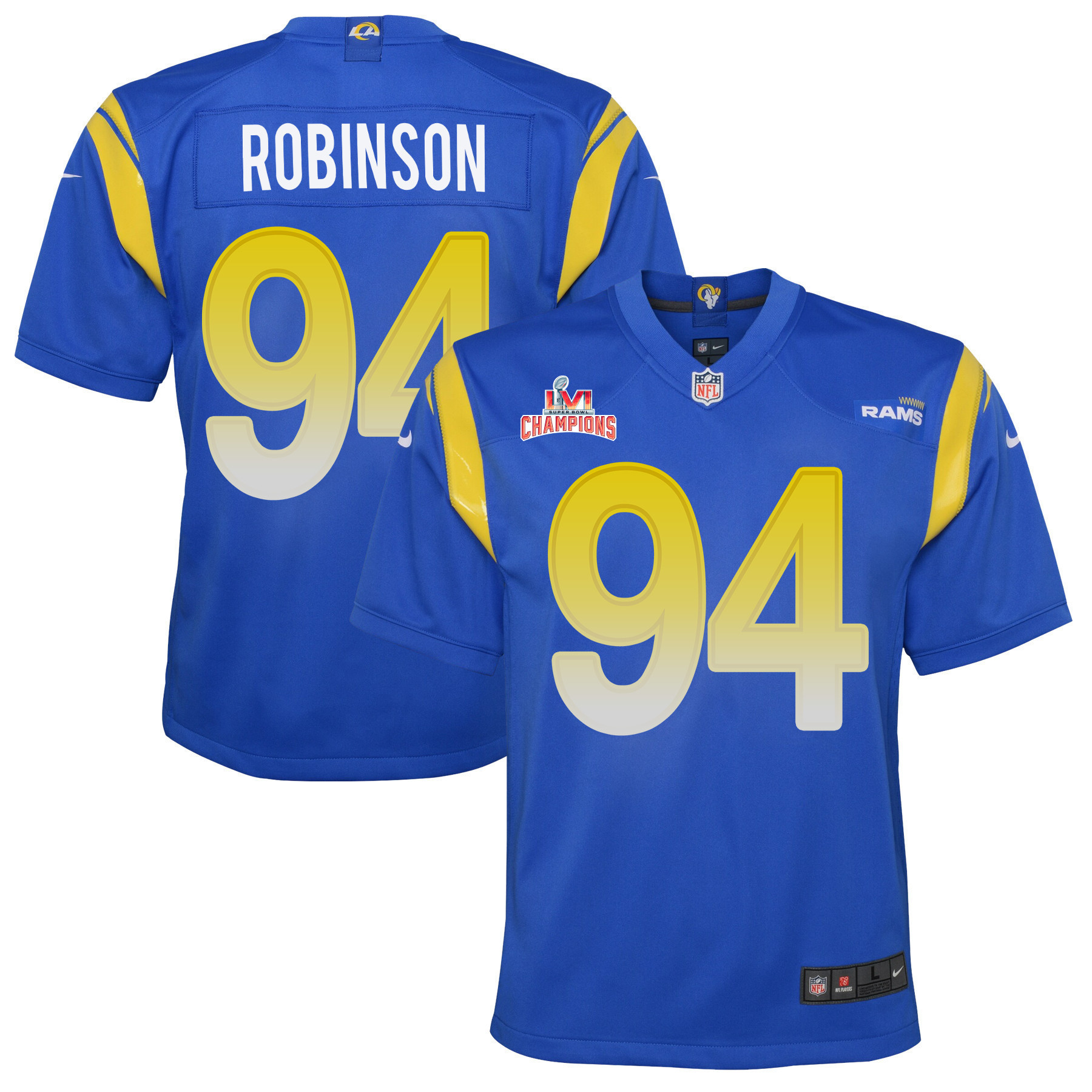 Super Bowl LVI Champions Los Angeles Rams A'Shawn Robinson 94 Royal Youth's Jersey Jersey