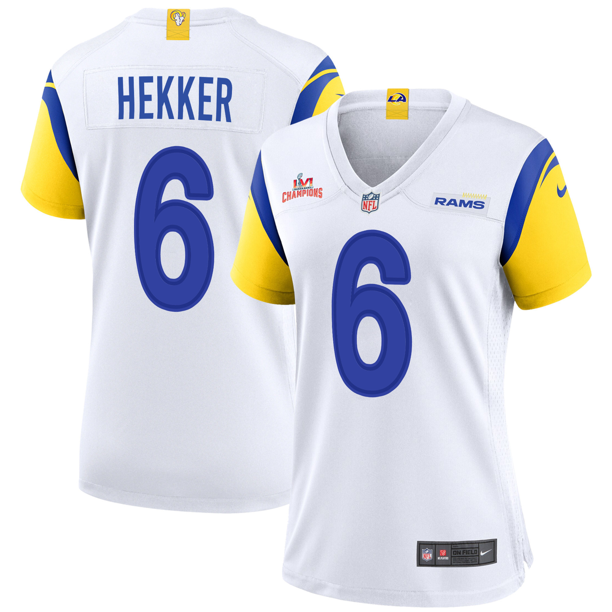 Super Bowl LVI Champions Los Angeles Rams Johnny Hekker 6 White Women's Jersey Jersey