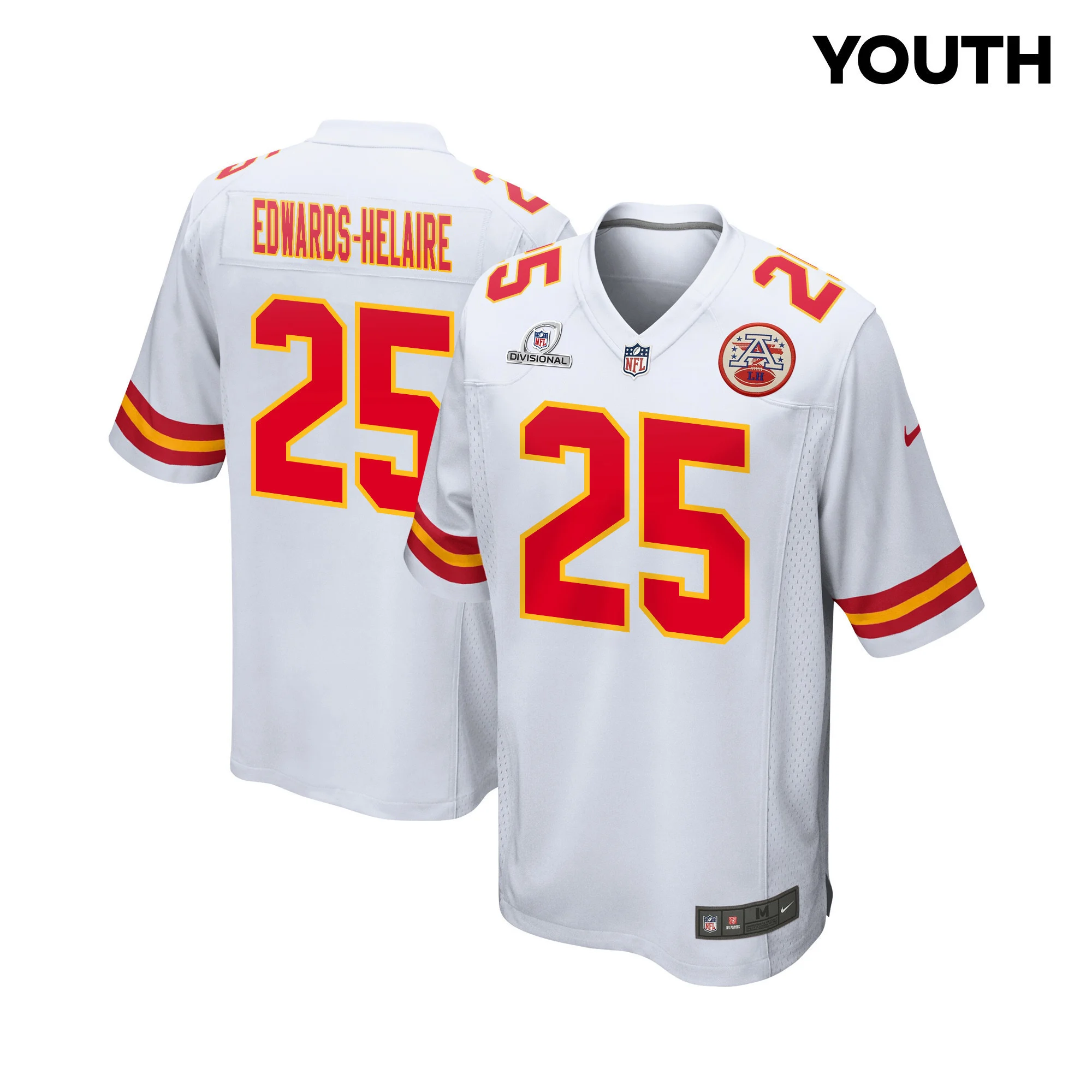 Clyde Edwards-Helaire 25 Kansas City Chiefs Super Bowl LVIII Patch Game YOUTH Jersey - White