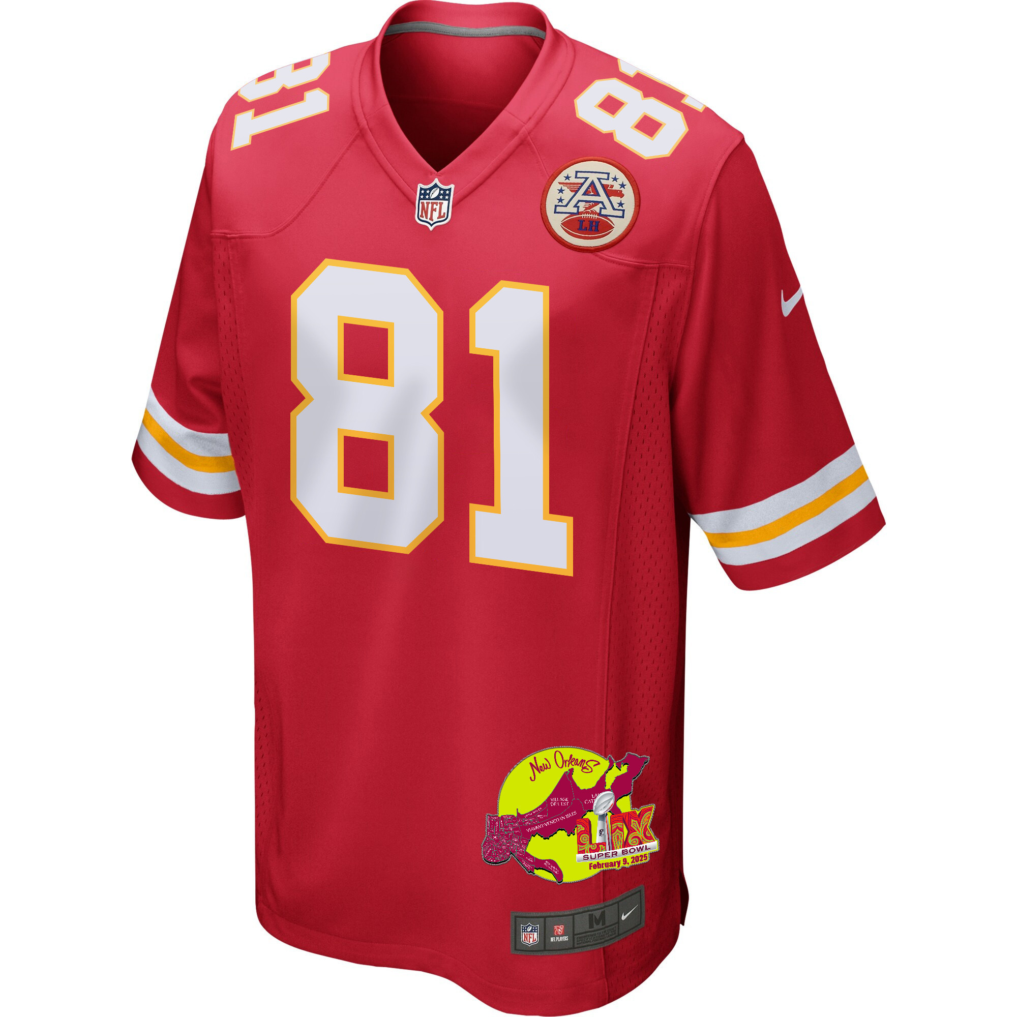 Nikko Remigio 81 Kansas City Chiefs Super Bowl LIX New Orleans Patch Game Men Jersey - Red