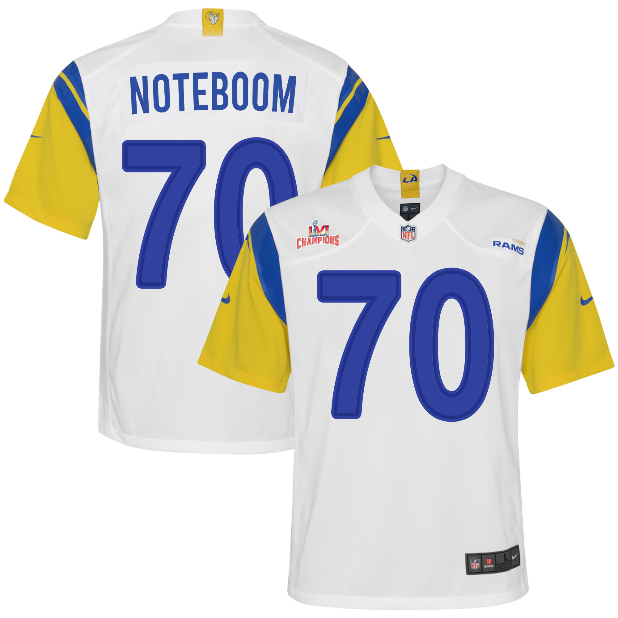 Super Bowl LVI Champions Los Angeles Rams Joe Noteboom 70 White Youth's Jersey Jersey
