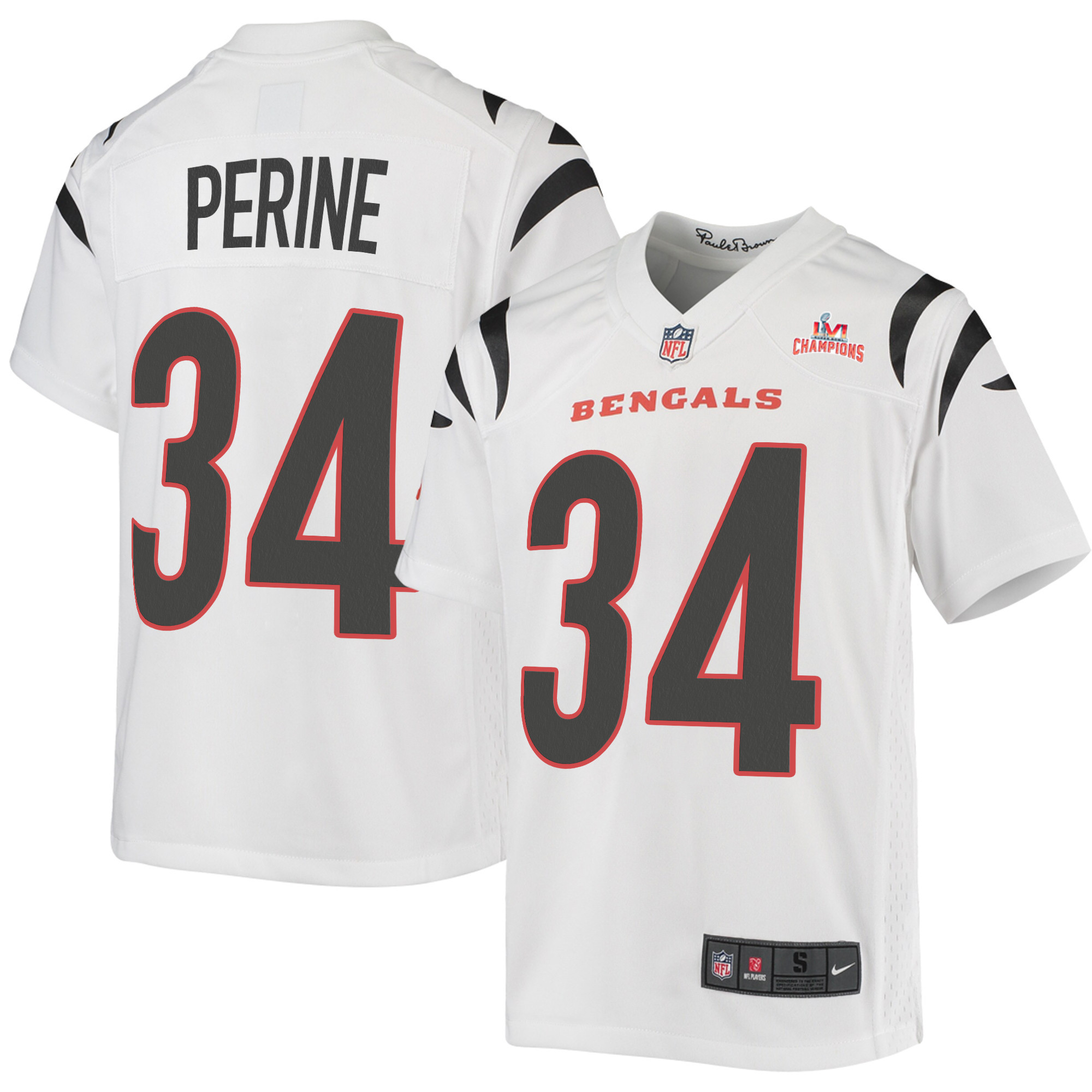 Super Bowl LVI Champions Cincinnati Bengals Samaje Perine 34 White Youth's Jersey Jersey