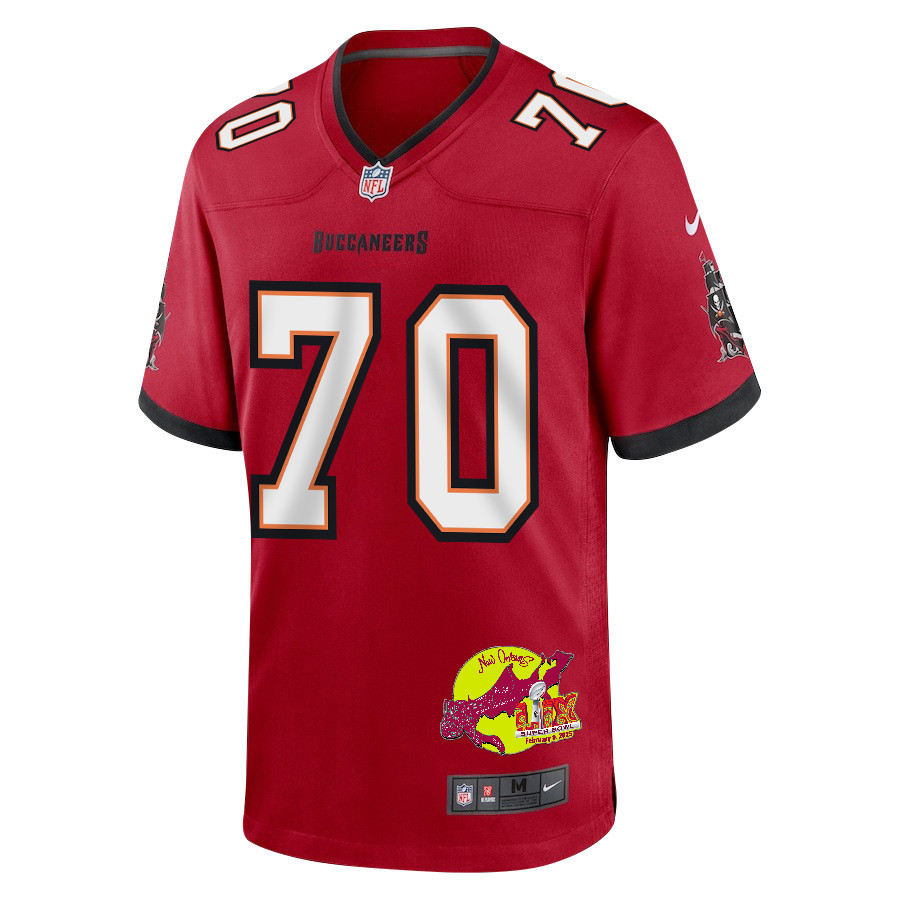 Robert Hainsey 70 Tampa Bay Buccaneers Super Bowl LIX New Orleans Patch Game Men Jersey - Red