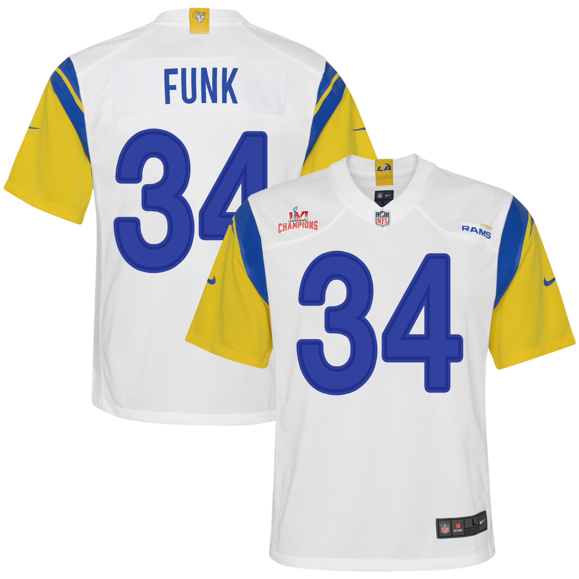 Super Bowl LVI Champions Los Angeles Rams Jake Funk 34 White Youth's Jersey Jersey
