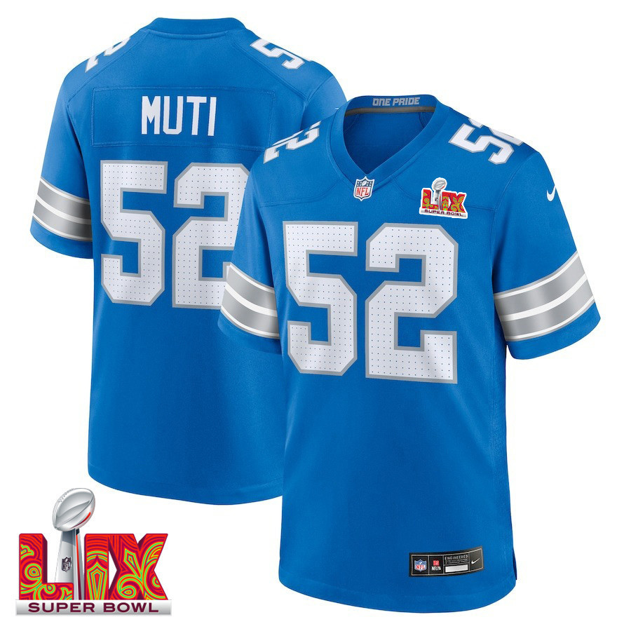 Netane Muti #52 Detroit Lions Super Bowl LIX Jersey - Men's - Blue
