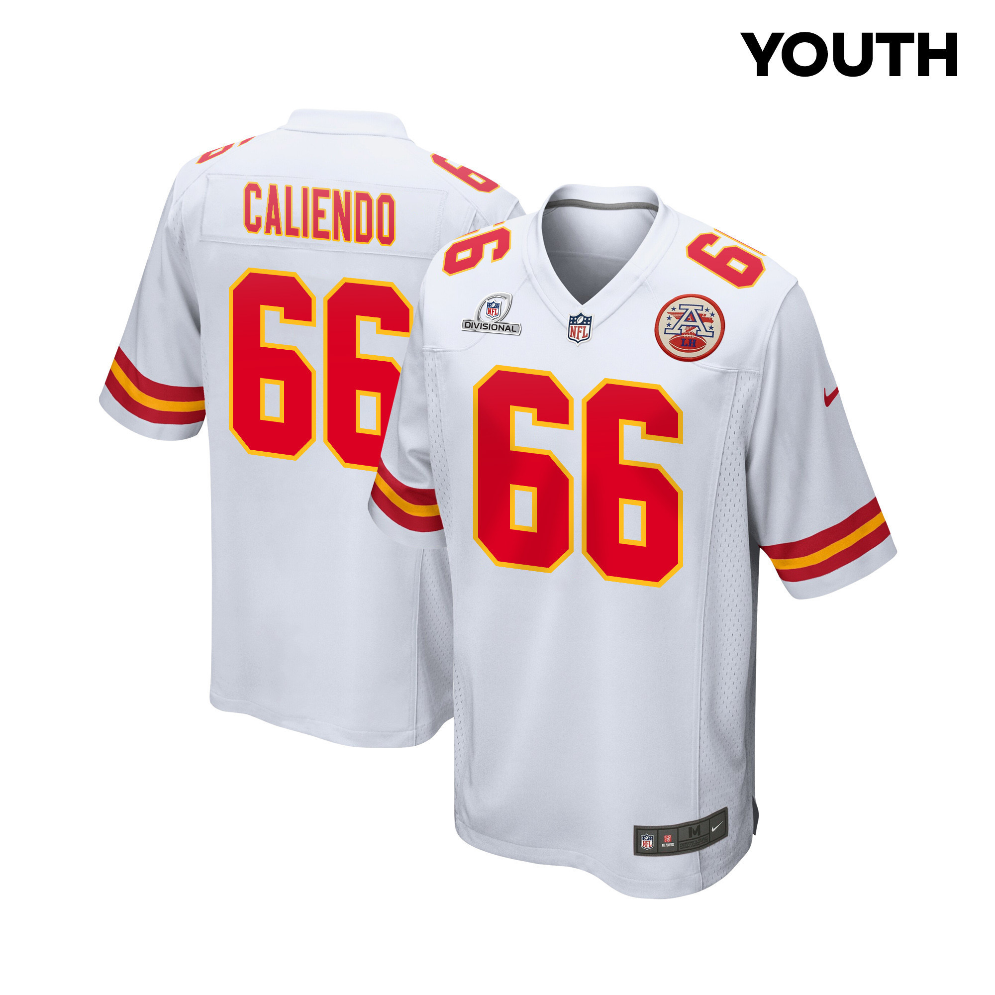 Mike Caliendo 66 Kansas City Chiefs Super Bowl LVIII Patch Game YOUTH Jersey - White
