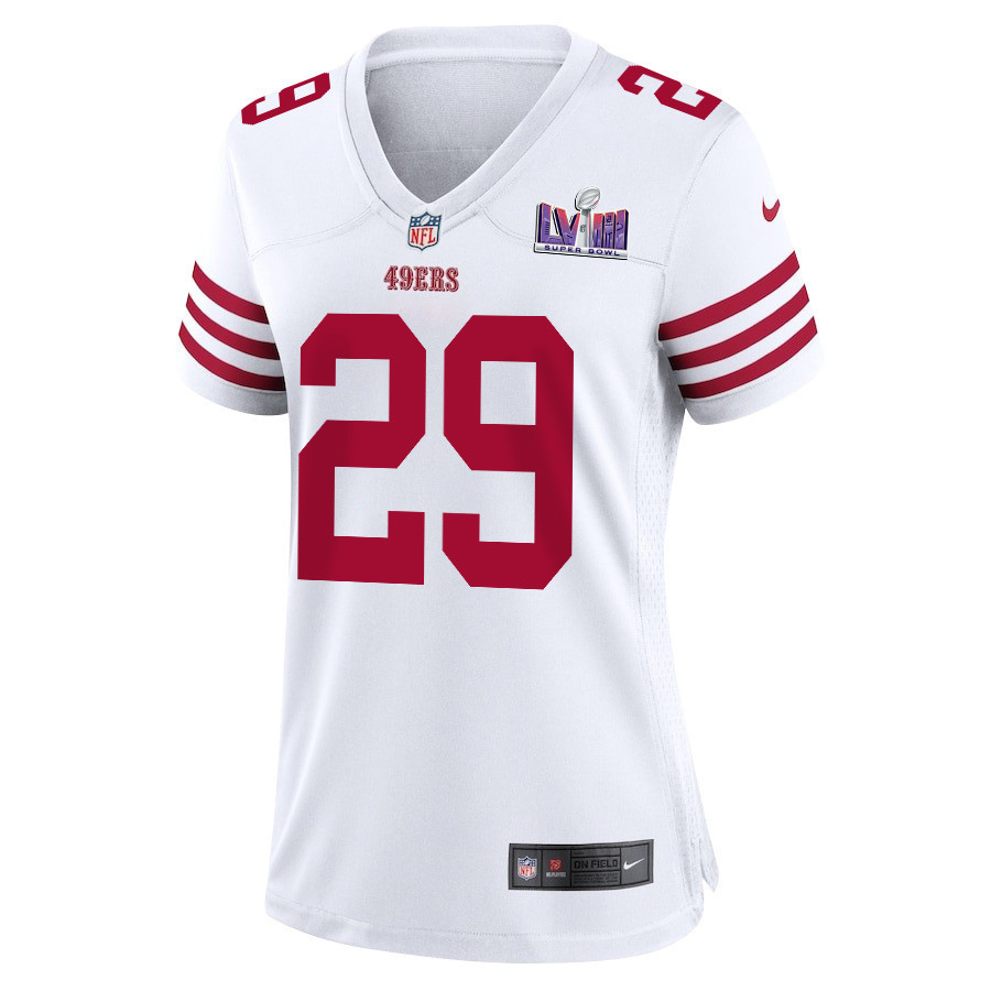 Talanoa Hufanga 29 San Francisco 49ers Super Bowl LVIII Patch Game Women Jersey - White