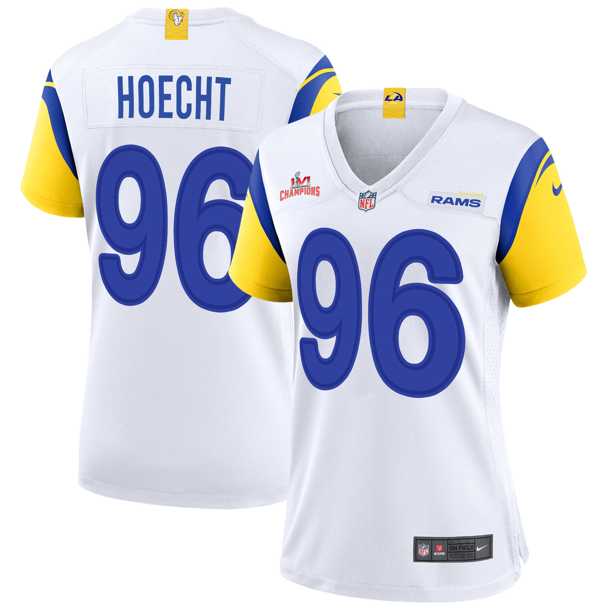 Super Bowl LVI Champions Los Angeles Rams Michael Hoecht 96 White Women's Jersey Jersey
