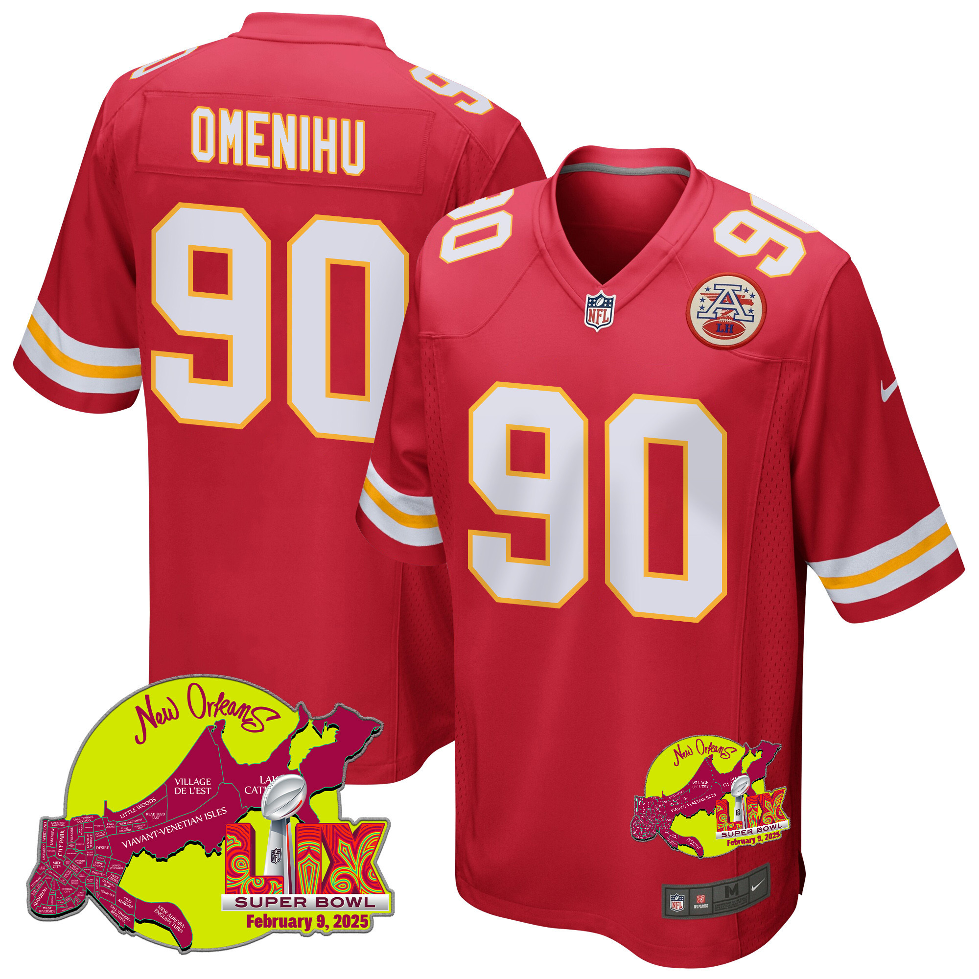 Charles Omenihu 90 Kansas City Chiefs Super Bowl LIX New Orleans Patch Game Men Jersey - Red