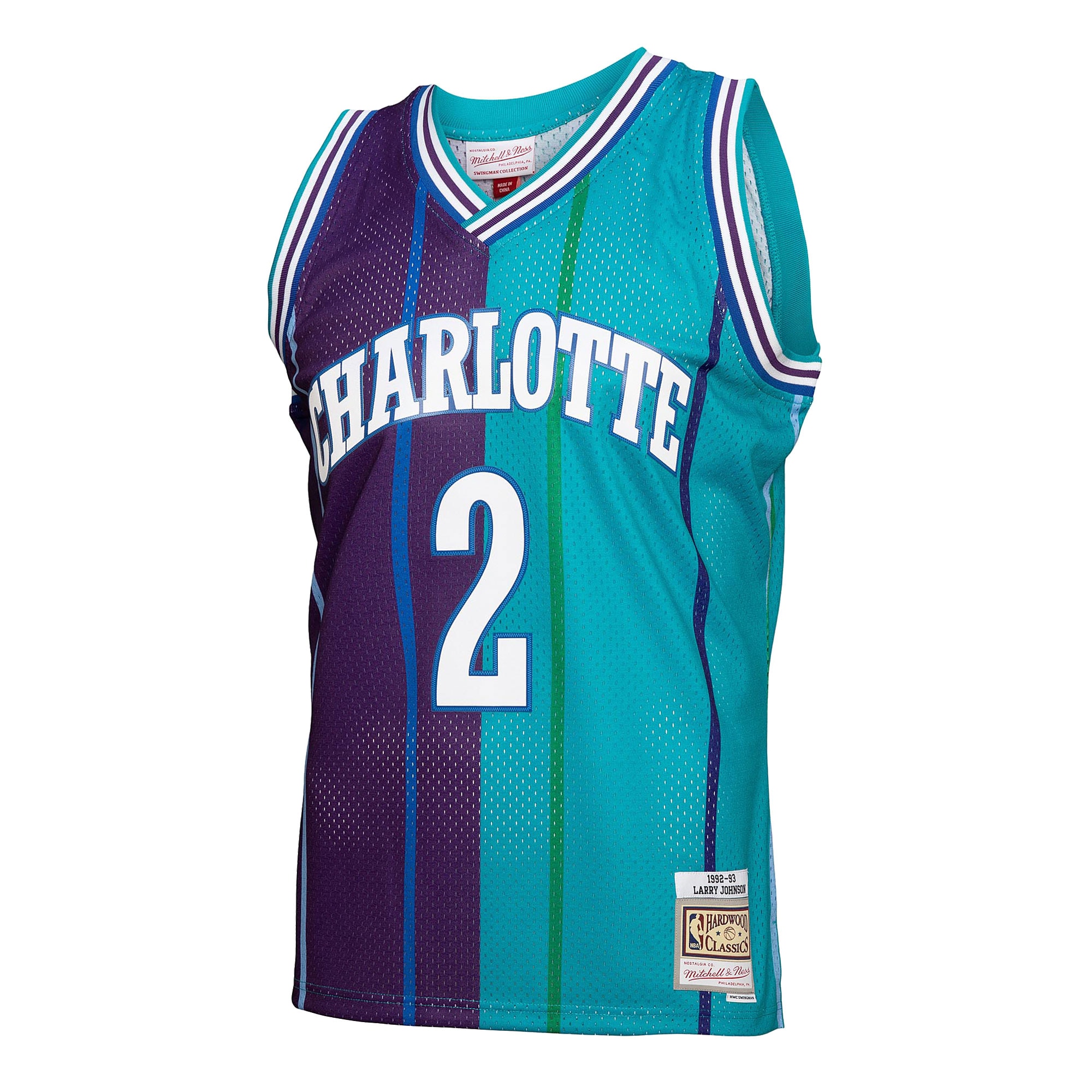 Larry Johnson Charlotte Hornets Mitchell & Ness Hardwood Classics Mitchell & Ness Split Swingman Jersey - Teal\/Purple