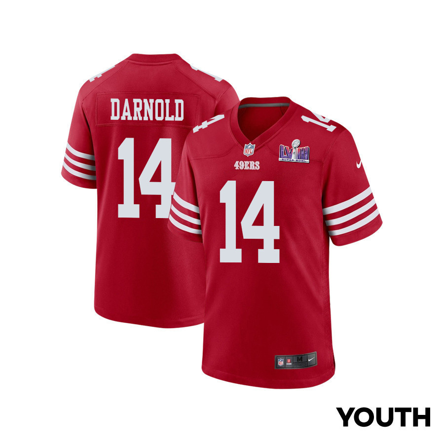 Sam Darnold 14 San Francisco 49ers Super Bowl LVIII Patch Game YOUTH Jersey - Scarlet