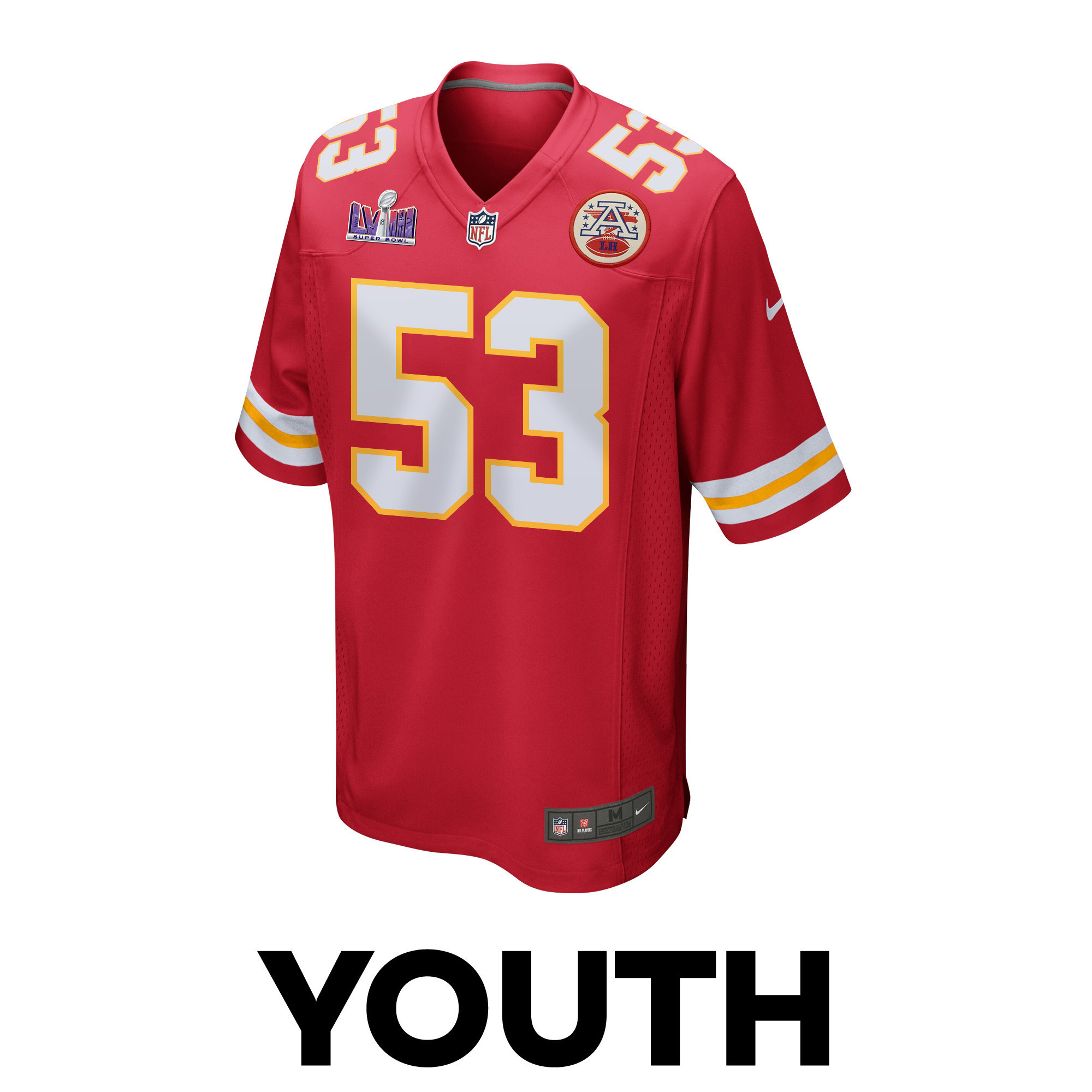 BJ Thompson 53 Kansas City Chiefs Super Bowl LVIII Patch Game YOUTH Jersey - Red