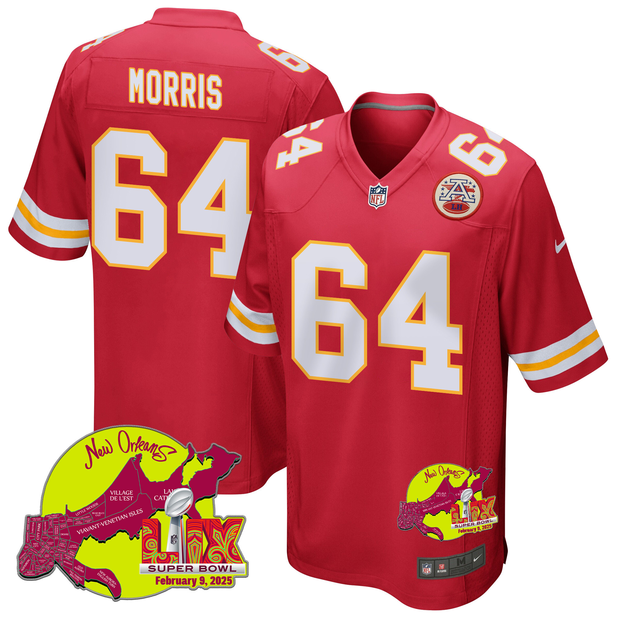 Wanya Morris 64 Kansas City Chiefs Super Bowl LIX New Orleans Patch Game Men Jersey - Red