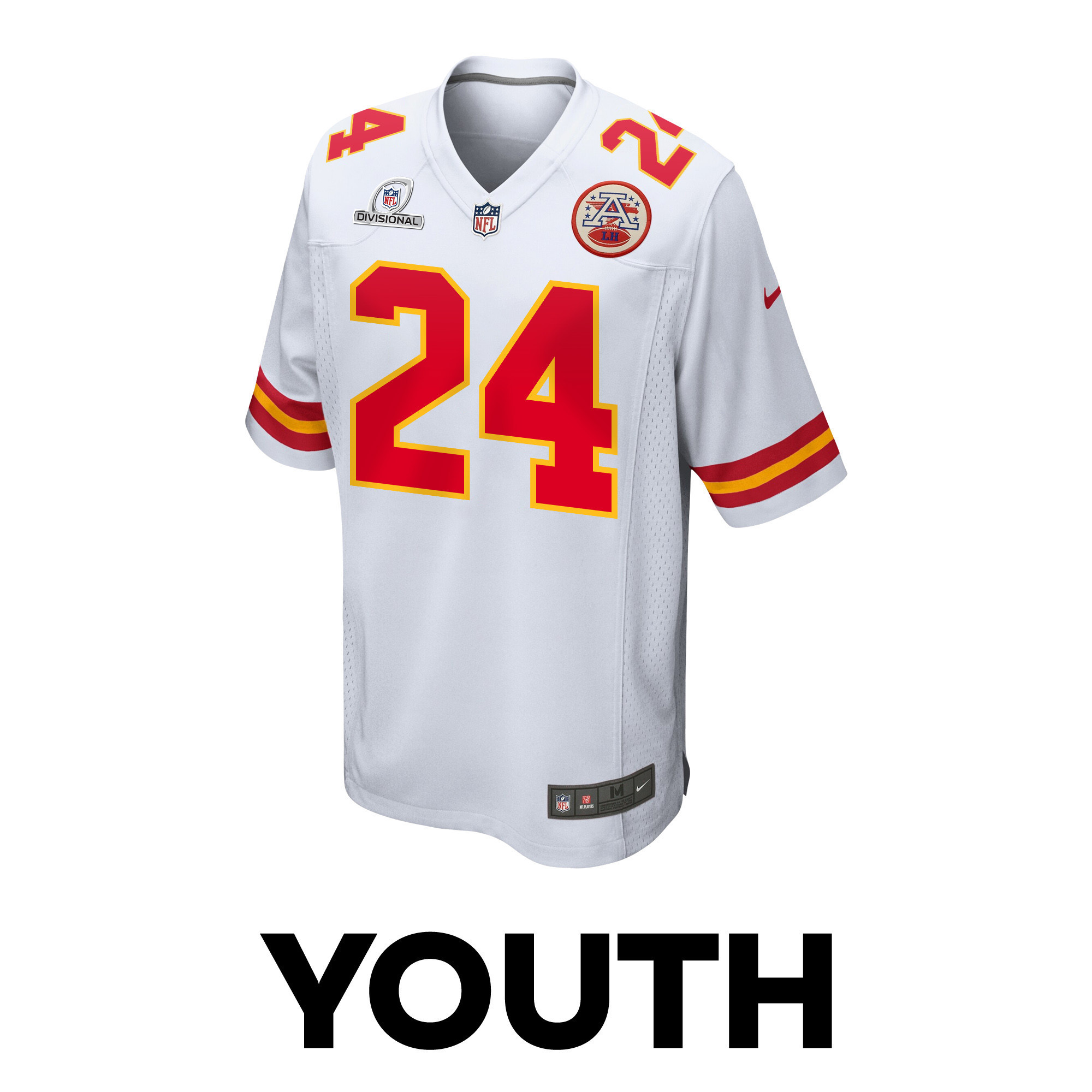 Skyy Moore 24 Kansas City Chiefs Super Bowl LVIII Patch Game YOUTH Jersey - White