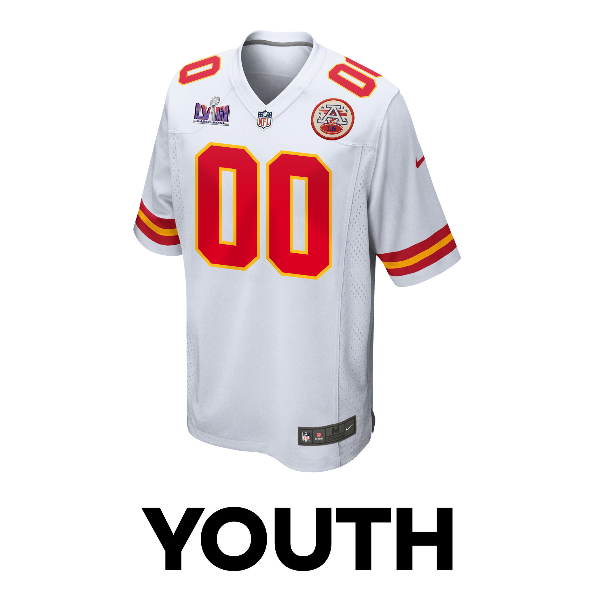 Kansas City Chiefs Super Bowl LVIII Patch Game YOUTH Custom Jersey - White