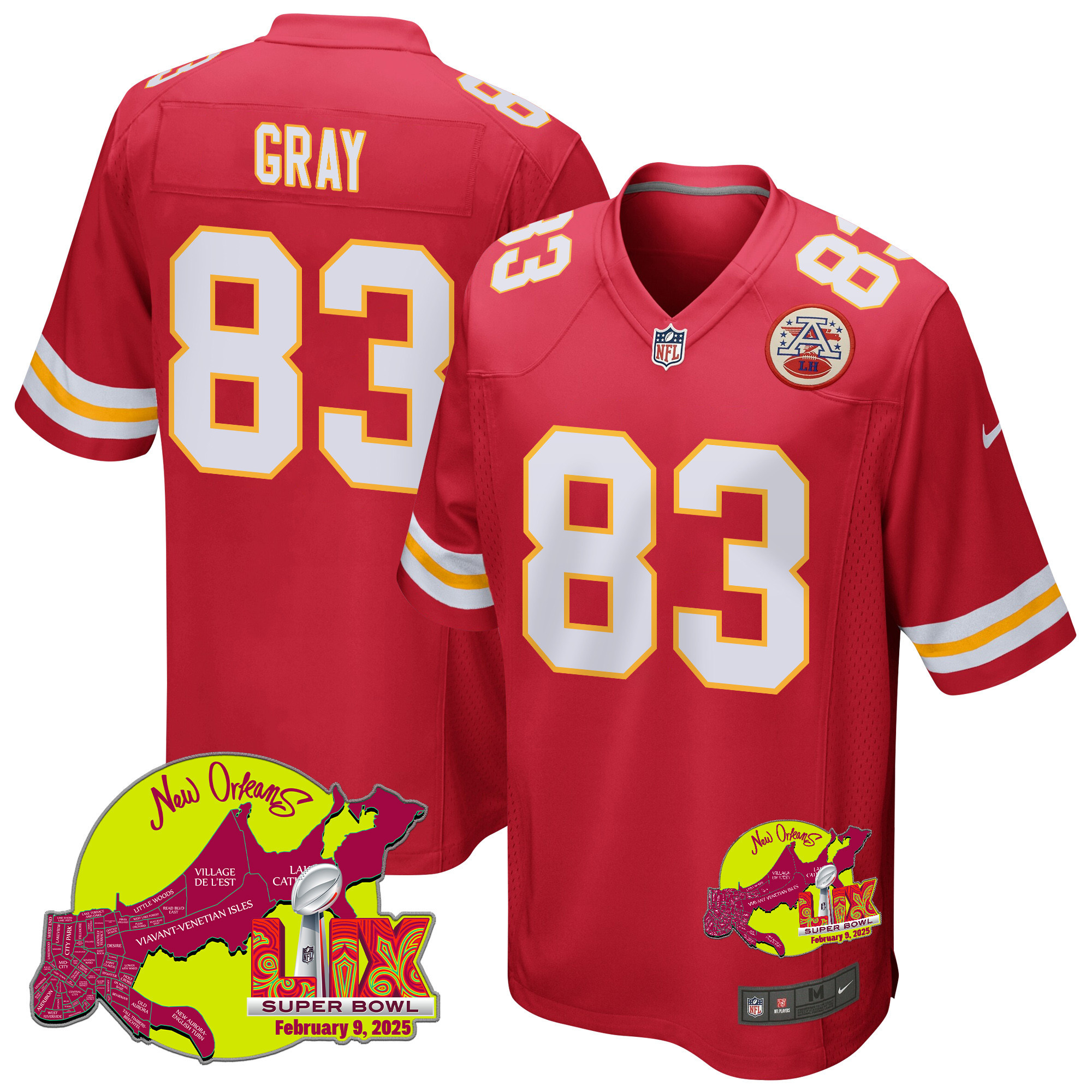 Noah Gray 83 Kansas City Chiefs Super Bowl LIX New Orleans Patch Game Men Jersey - Red