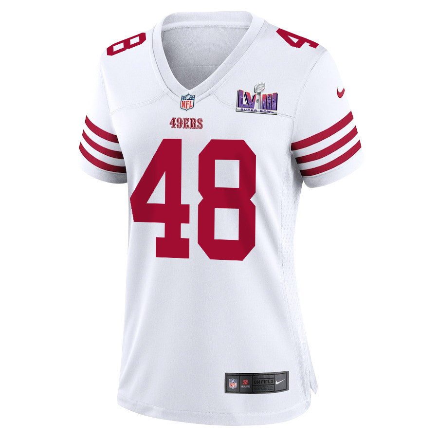 Oren Burks 48 San Francisco 49ers Super Bowl LVIII Patch Game Women Jersey - White