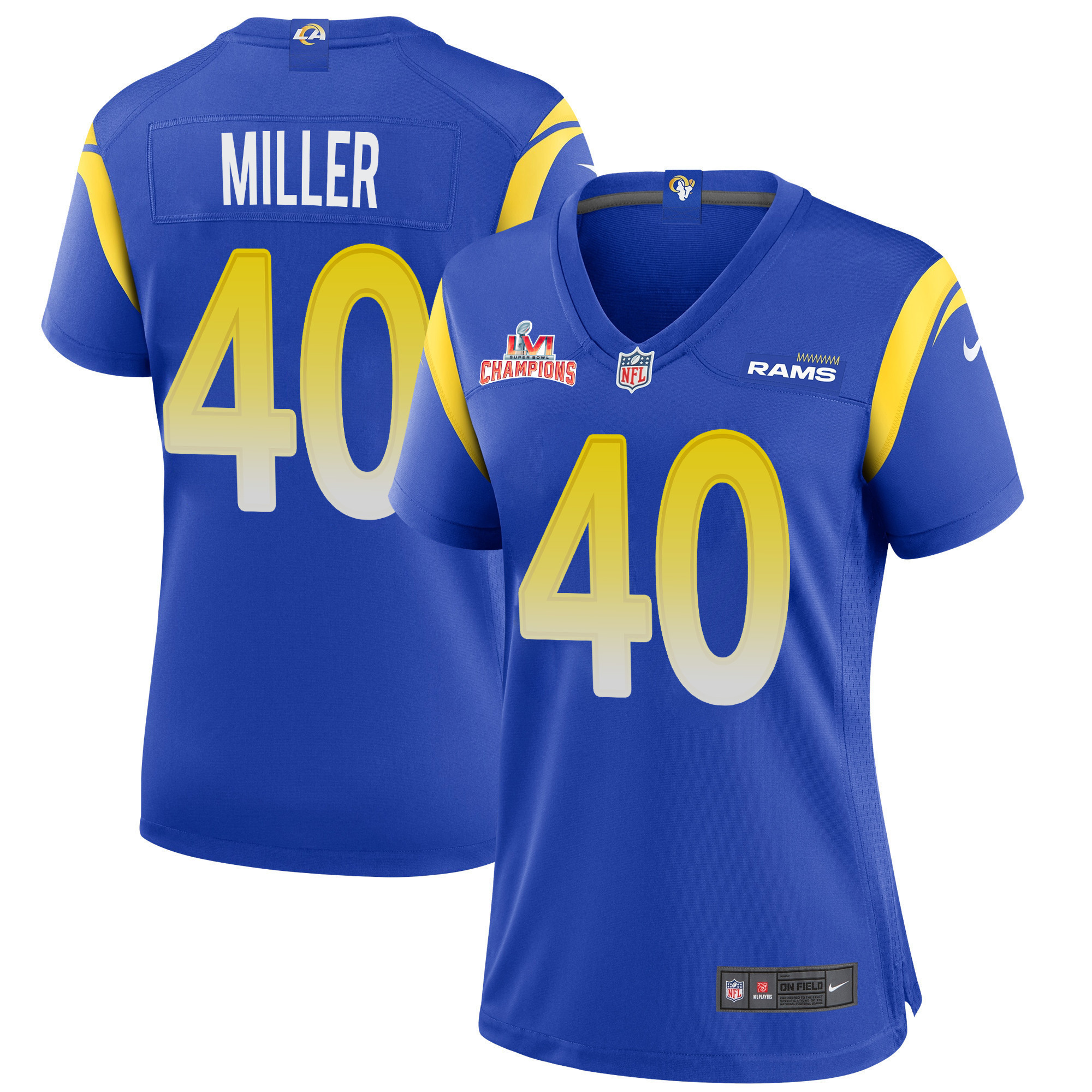 Super Bowl LVI Champions Los Angeles Rams Von Miller 40 Royal Women's Jersey Jersey