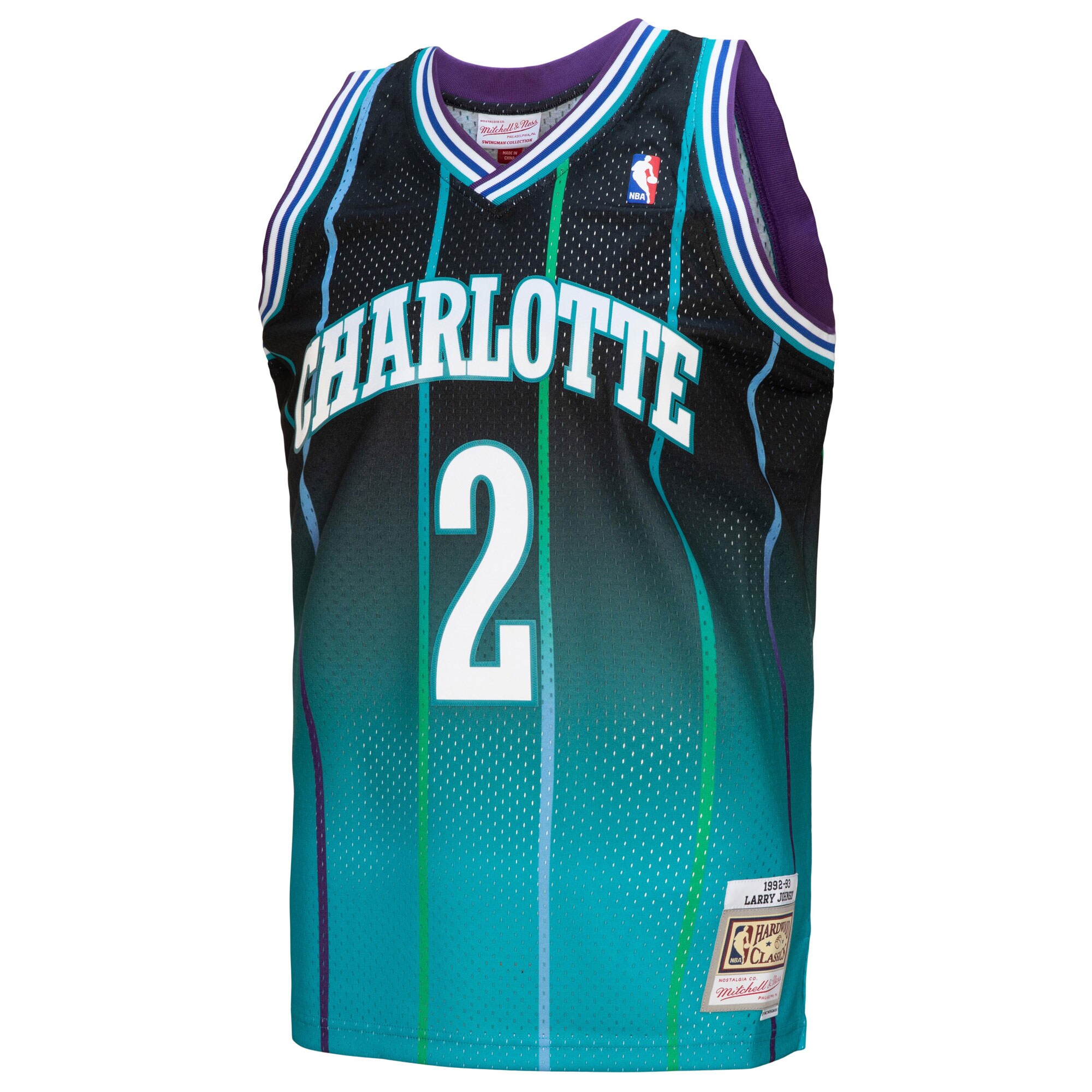 Larry Johnson Charlotte Hornets Mitchell & Ness 1992\/93 Hardwood Classics Fadeaway Swingman Player Jersey - Teal\/Black