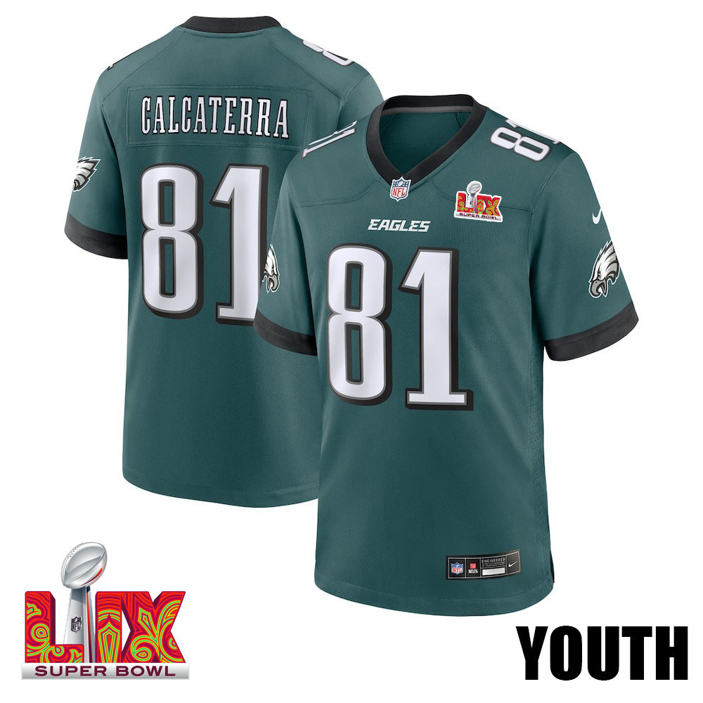 Grant Calcaterra #81 Philadelphia Eagles Super Bowl LIX YOUTH Jersey - Midnight Green