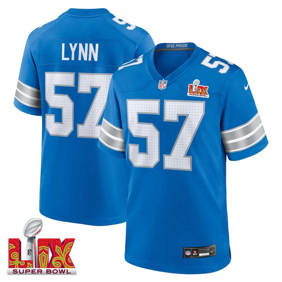 Nate Lynn #57 Detroit Lions Super Bowl LIX Jersey - Men's - Blue