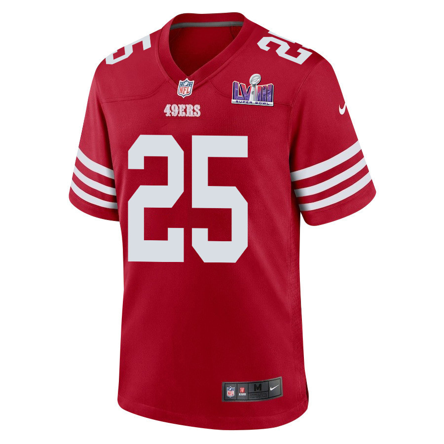 Elijah Mitchell 25 San Francisco 49ers Super Bowl LVIII Patch Game Men Jersey - Scarlet