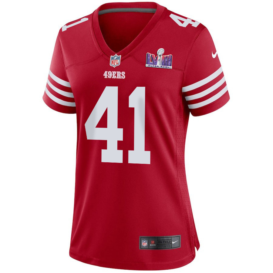 Tayler Hawkins 41 San Francisco 49ers Super Bowl LVIII Patch Game Women Jersey - Scarlet