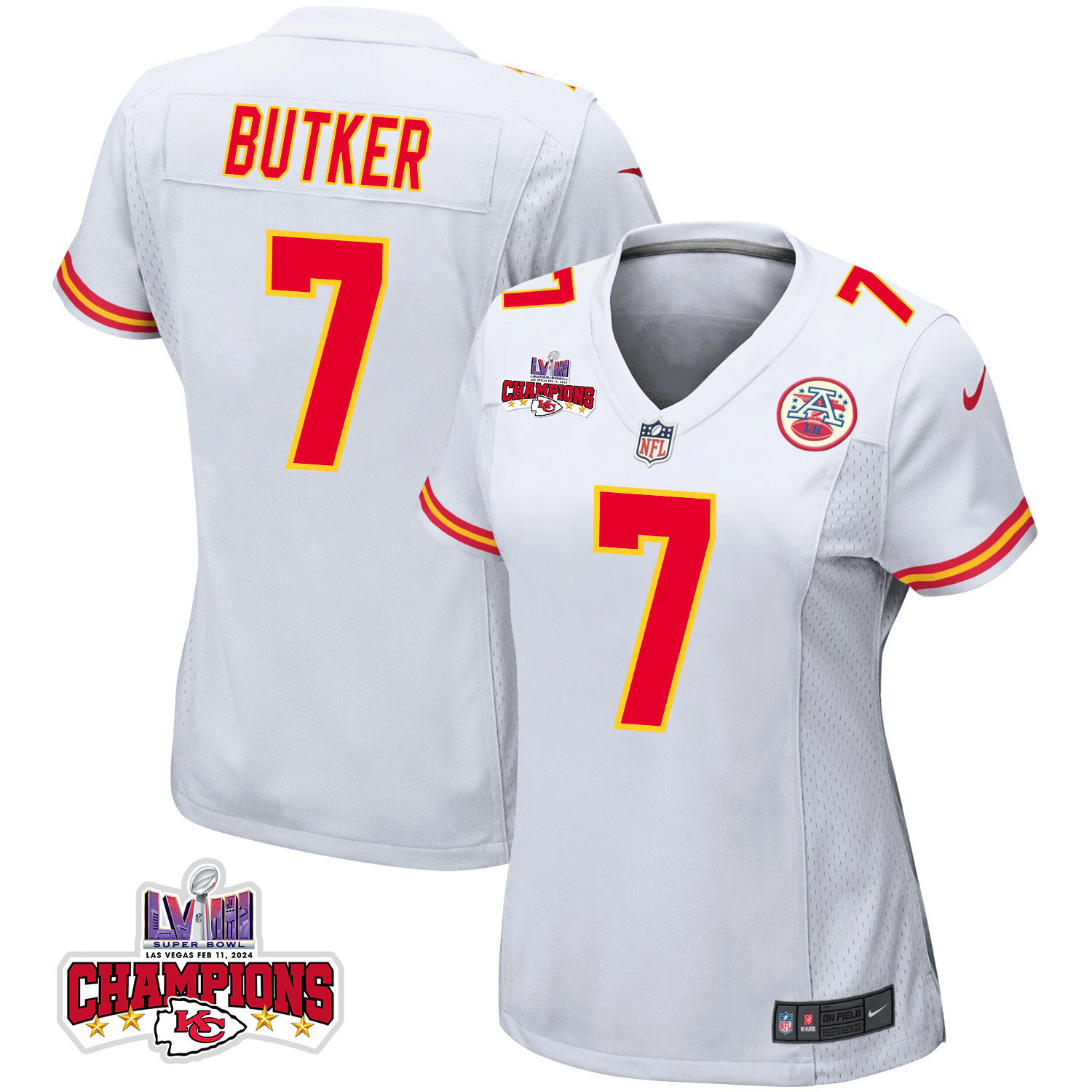 Harrison Butker 7 Kansas City Chiefs Super Bowl LVIII Champions 4 Stars Patch Game Women Jersey - White